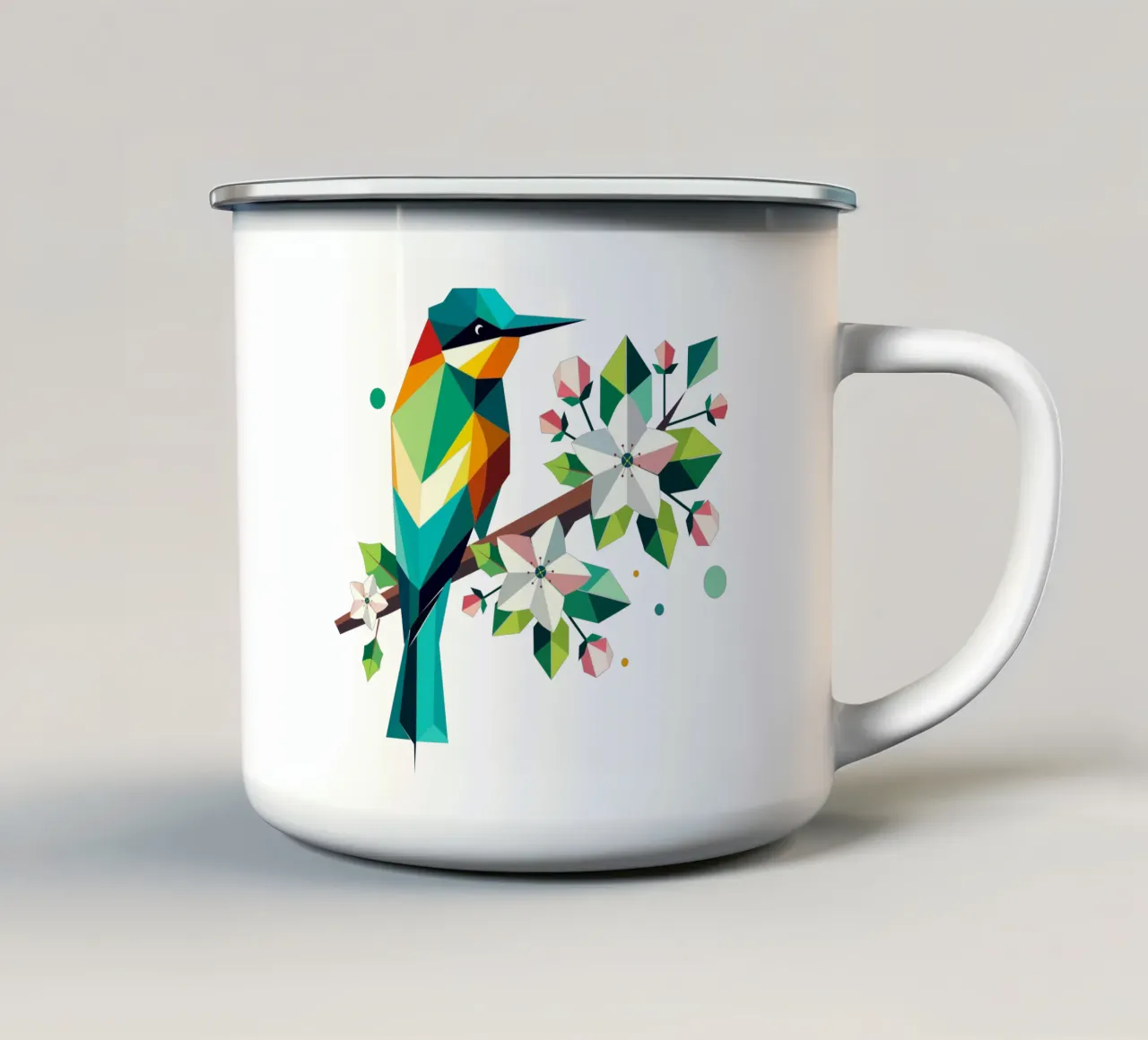 gruccione geometrico ornato su un ramo di fiori tazza in smalto da namosh