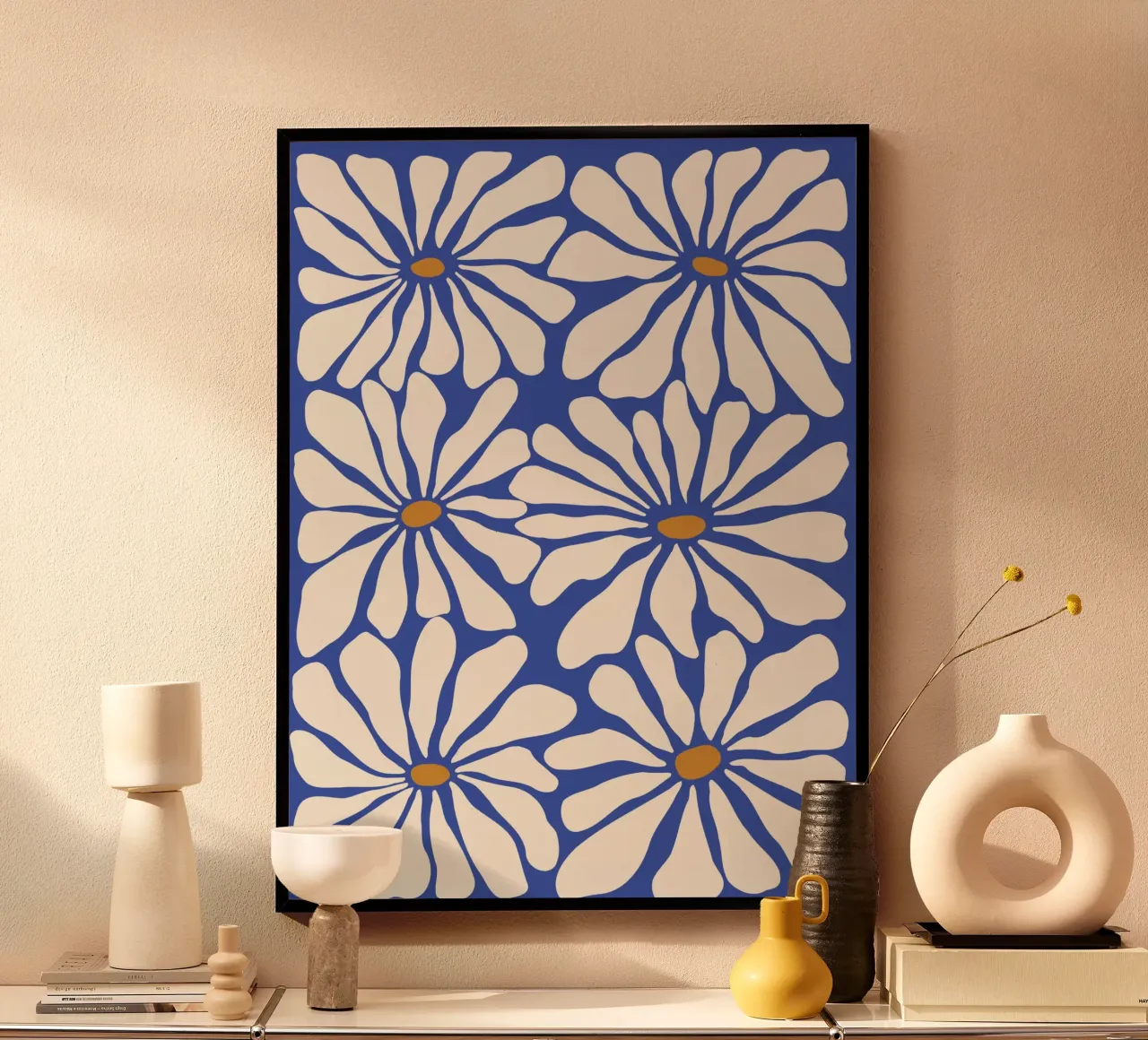 Blu floreale solare poster con telaio in alluminio da Miho Art Studio