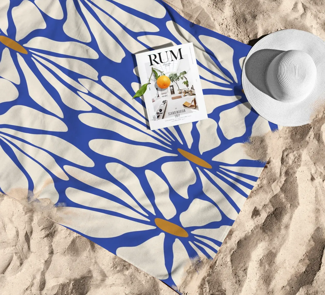 Sunny Floral Blue beach towel by Miho Art Studio