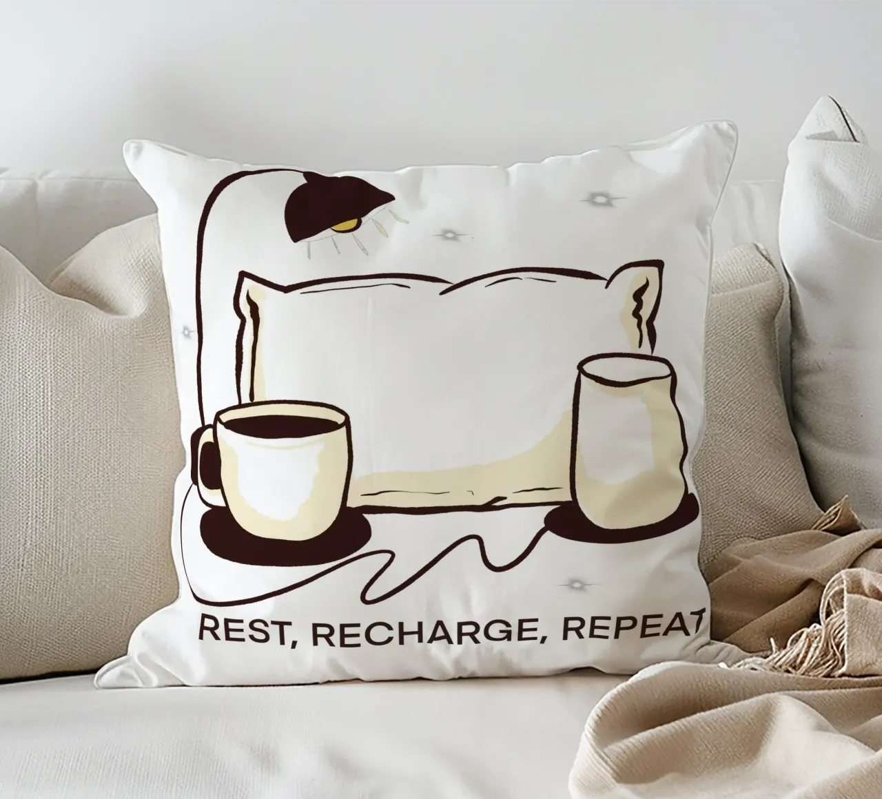 Rest, Recharge, Repeat decorative cushion by edsonramosart