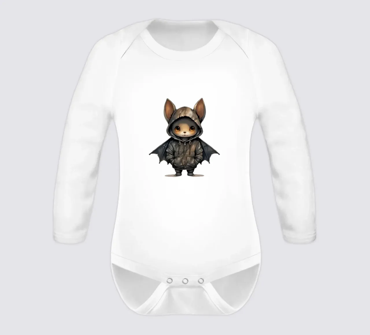 Watercolor Cartoon Bat in a Hoodie long-sleeve baby romper by Animal Portraits