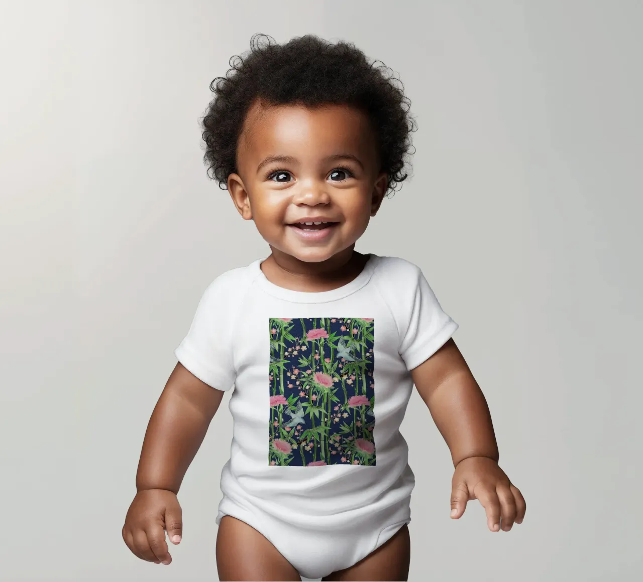 Bamboo Birds and Blossom Teal Kurzarm Babybody von Micklyn Le Feuvre