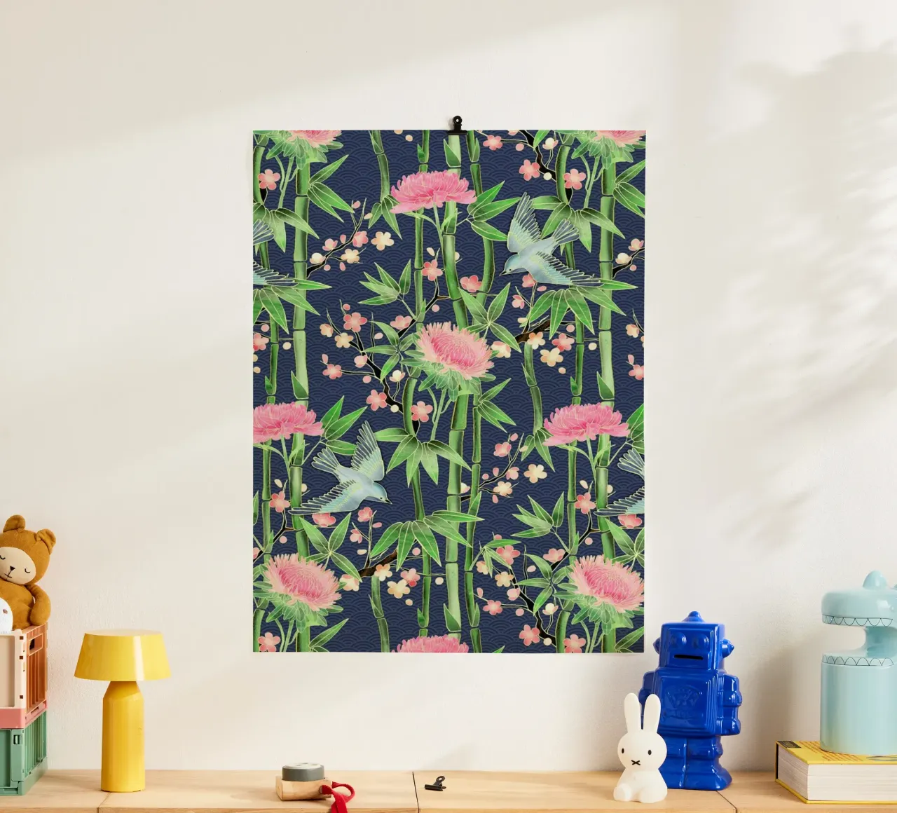 Bamboo Birds and Blossom Teal poster con marco de aluminio de Micklyn Le Feuvre