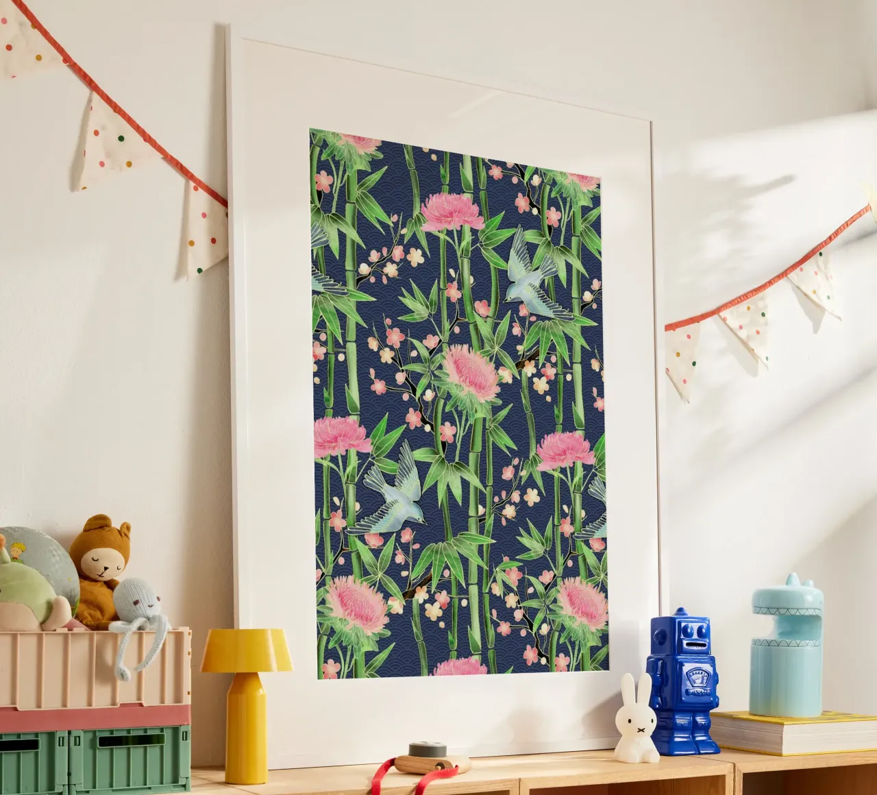 Bamboo Birds and Blossom Teal poster con marco de aluminio de Micklyn Le Feuvre
