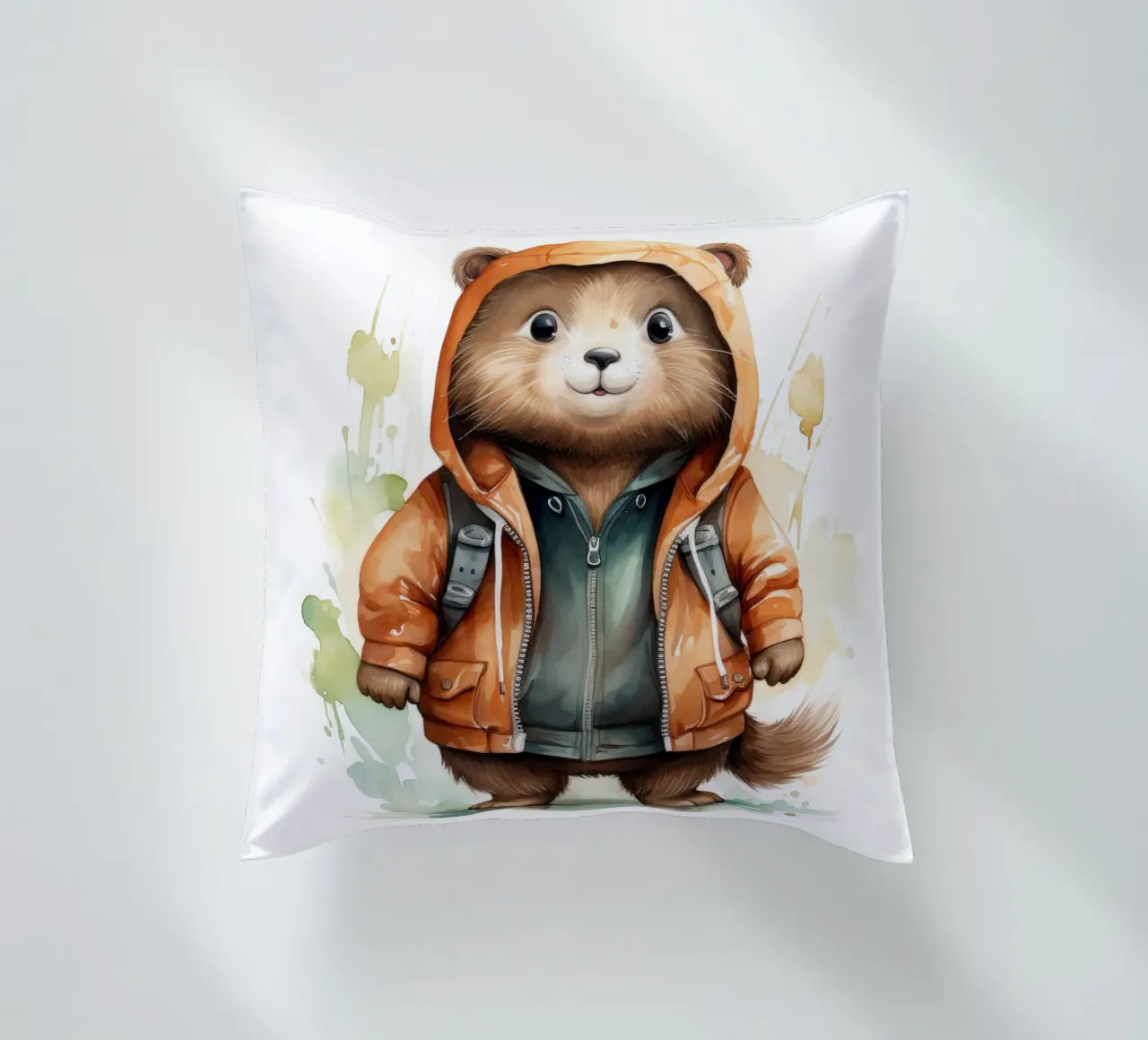 Acquerello Cartoon Beaver in felpa con cappuccio cuscino da Animal Portraits