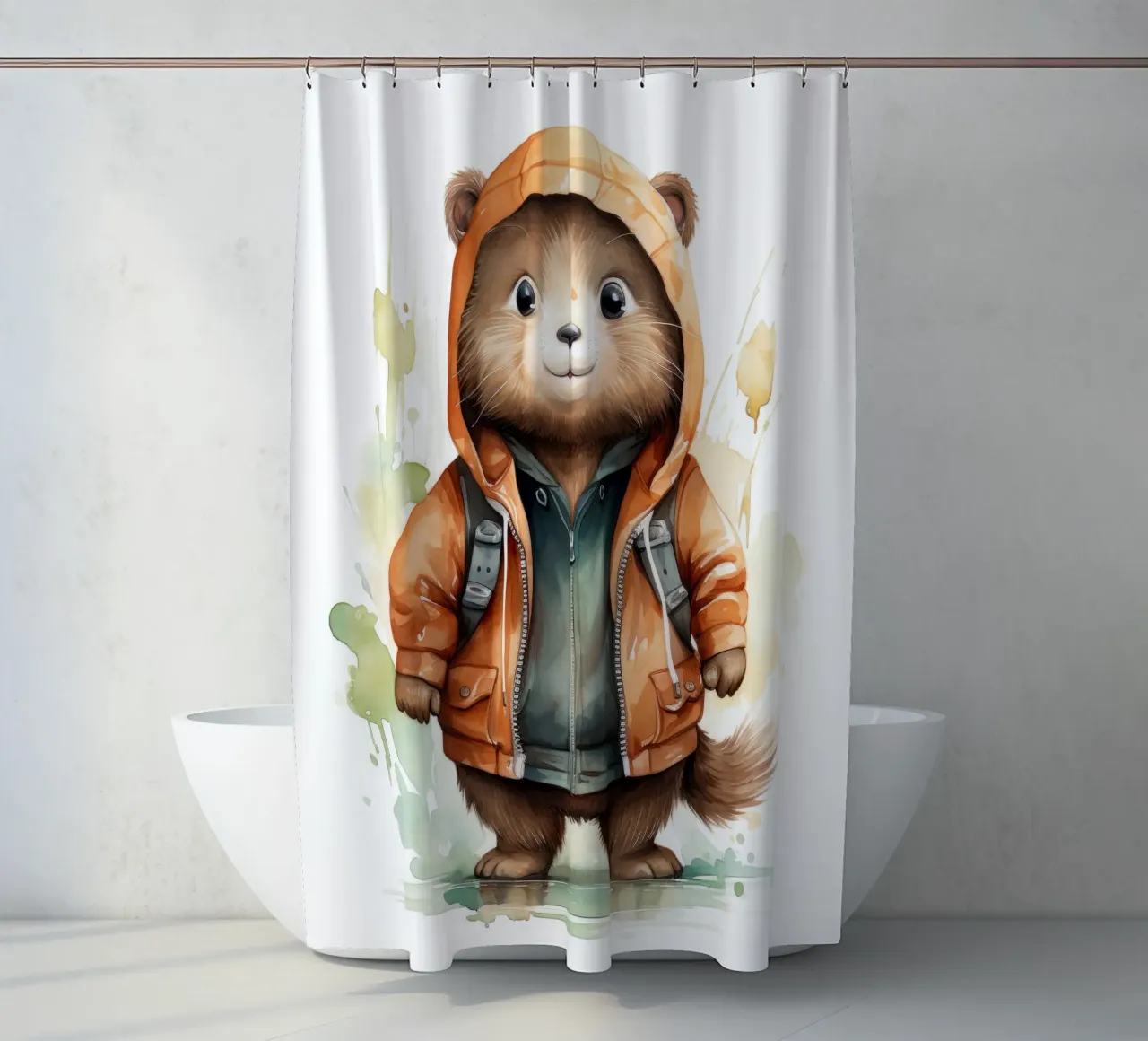 Acquerello Cartoon Beaver in felpa con cappuccio tenda da doccia da Animal Portraits