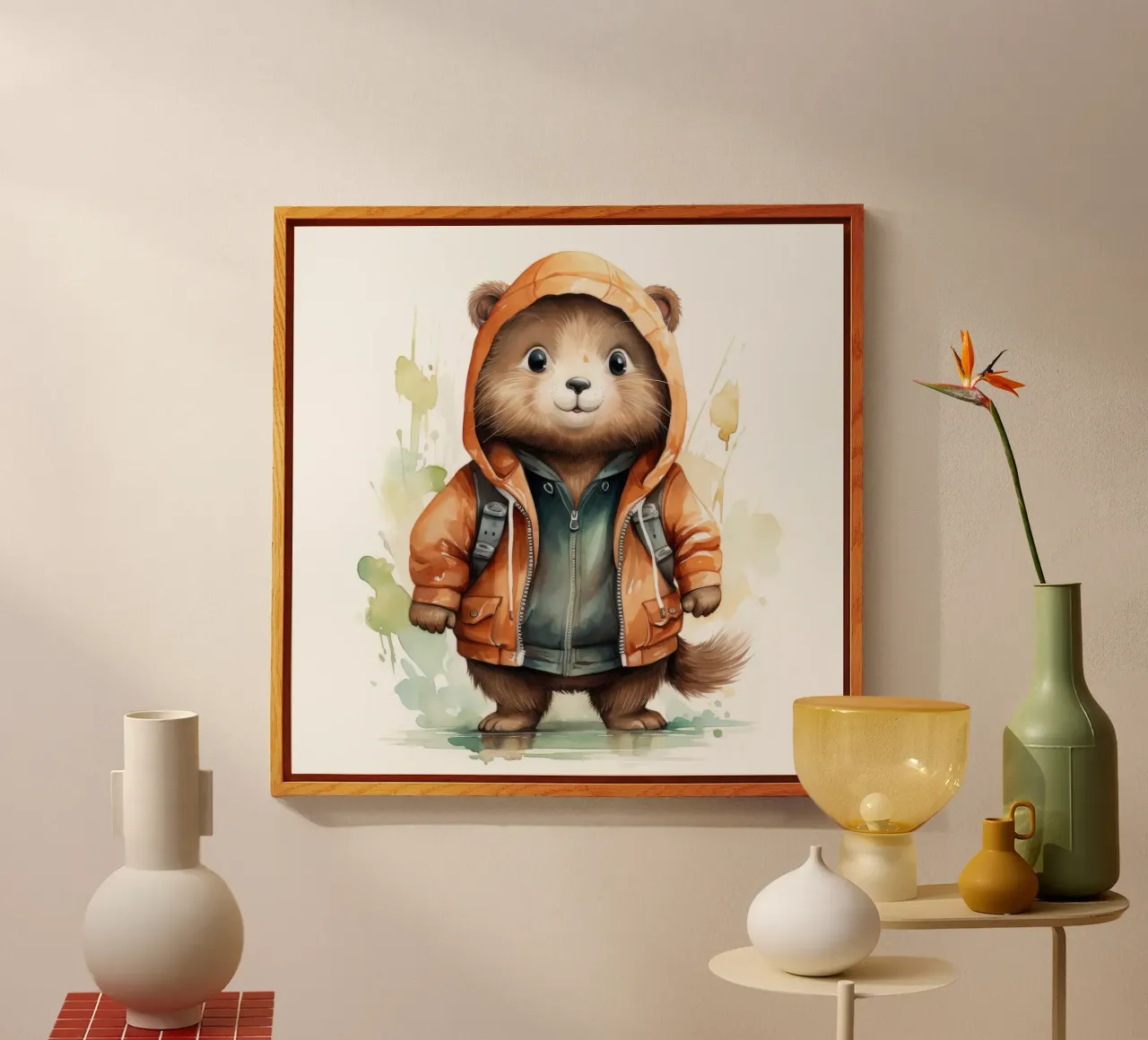 Acquerello Cartoon Beaver in felpa con cappuccio plexiglass da Animal Portraits