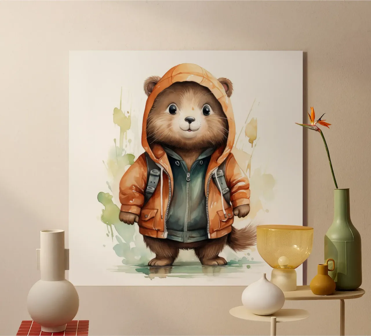 Acquerello Cartoon Beaver in felpa con cappuccio plexiglass da Animal Portraits