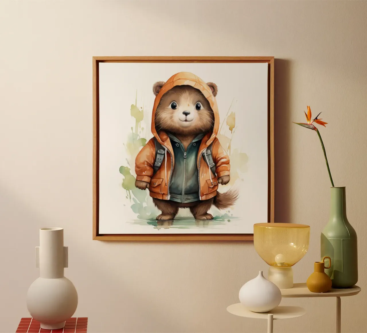 Watercolor Cartoon Beaver in a Hoodie canvas by Animal Portraits