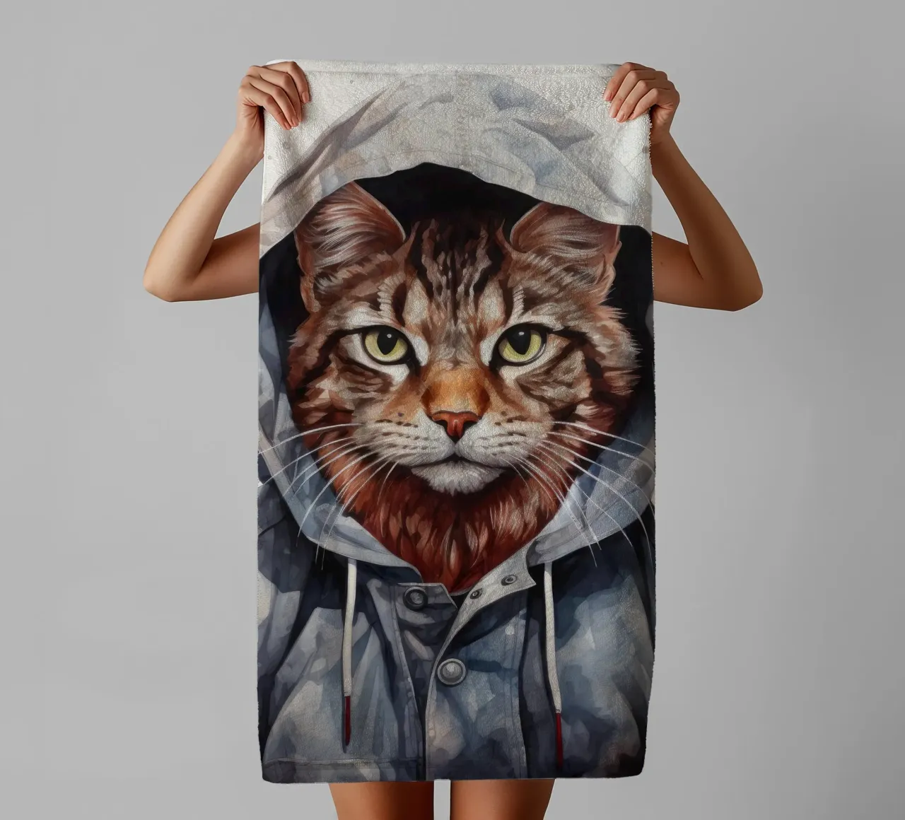 Cartone animato acquerellato Bobcat in felpa con cappuccio asciugamano da bagno da Animal Portraits