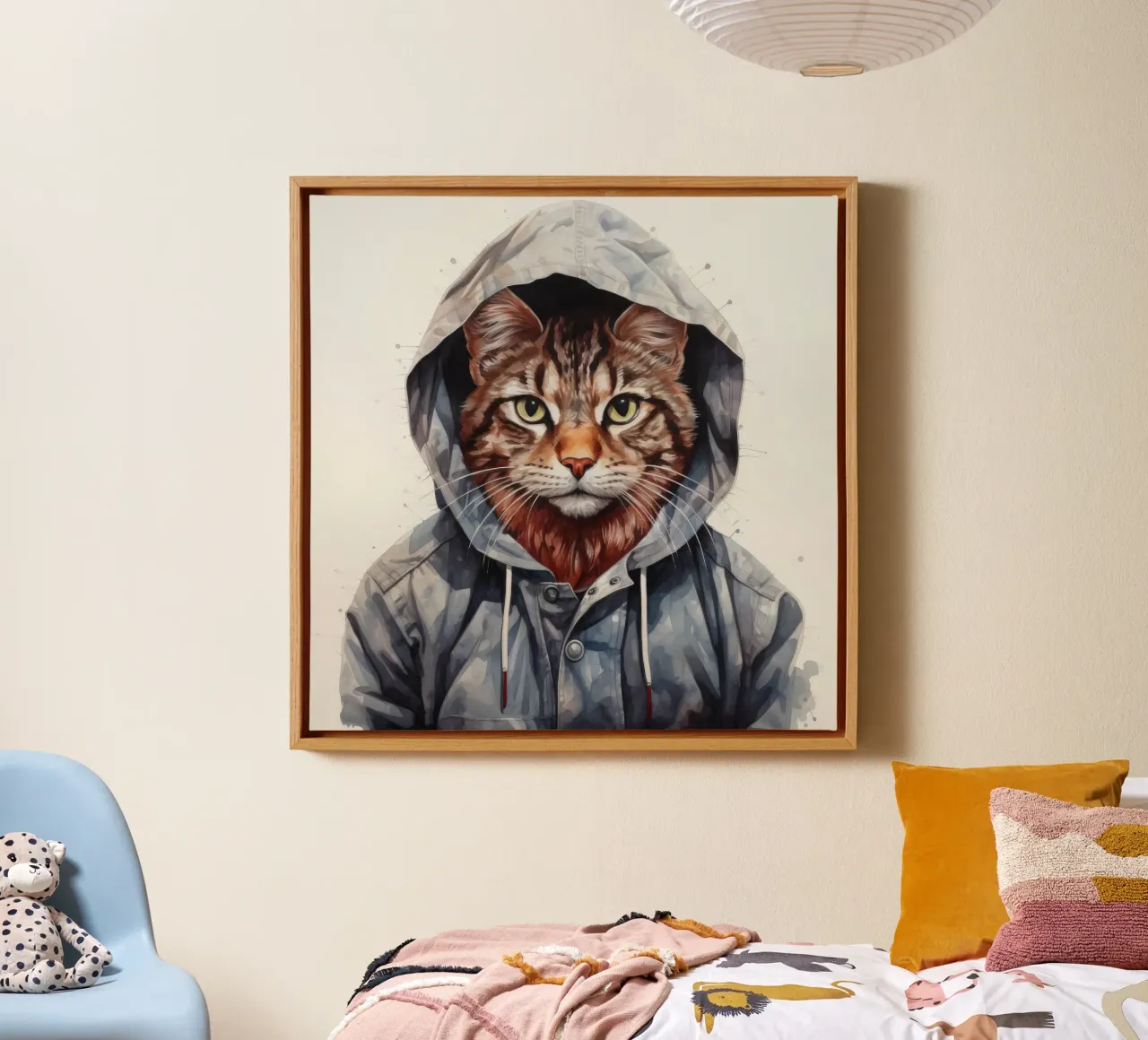Cartone animato acquerellato Bobcat in felpa con cappuccio tela con Cornice a cassetta da Animal Portraits