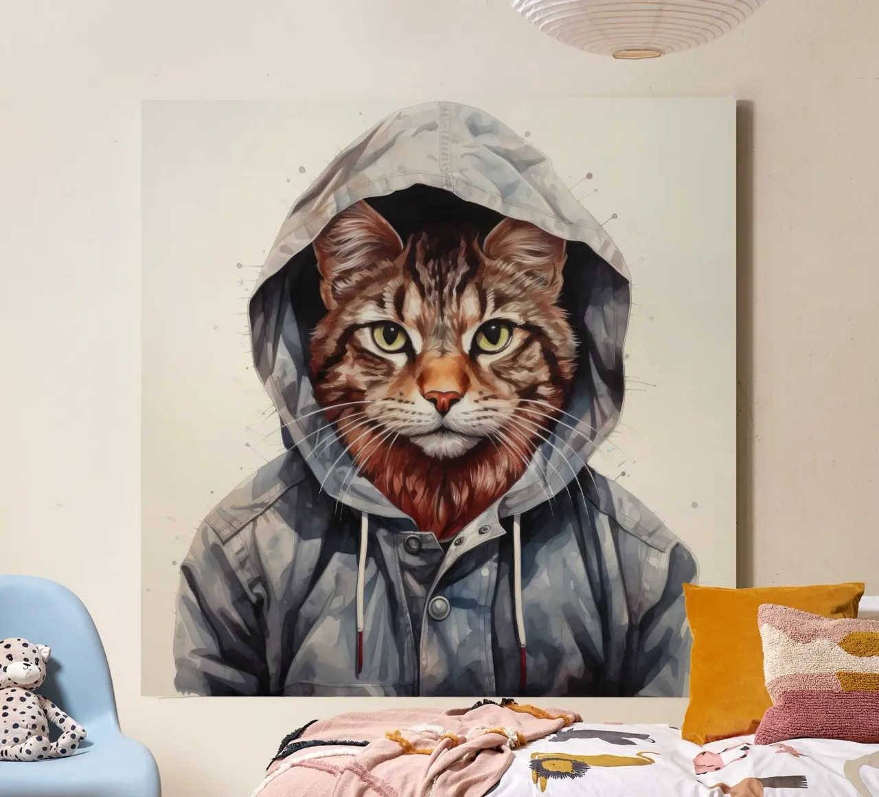 Cartone animato acquerellato Bobcat in felpa con cappuccio tela con Cornice a cassetta da Animal Portraits