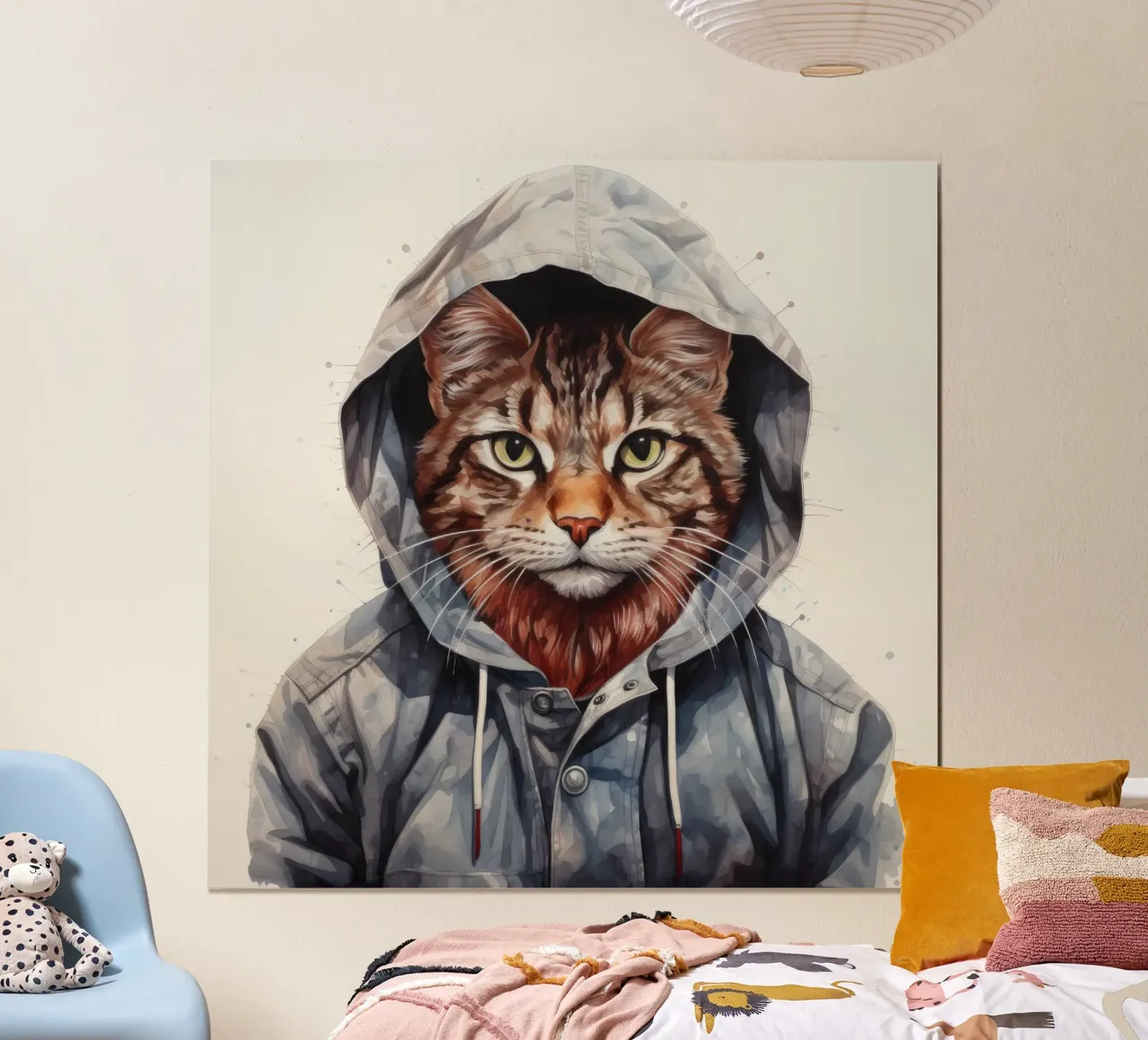 Cartone animato acquerellato Bobcat in felpa con cappuccio carta hahnemühle da Animal Portraits