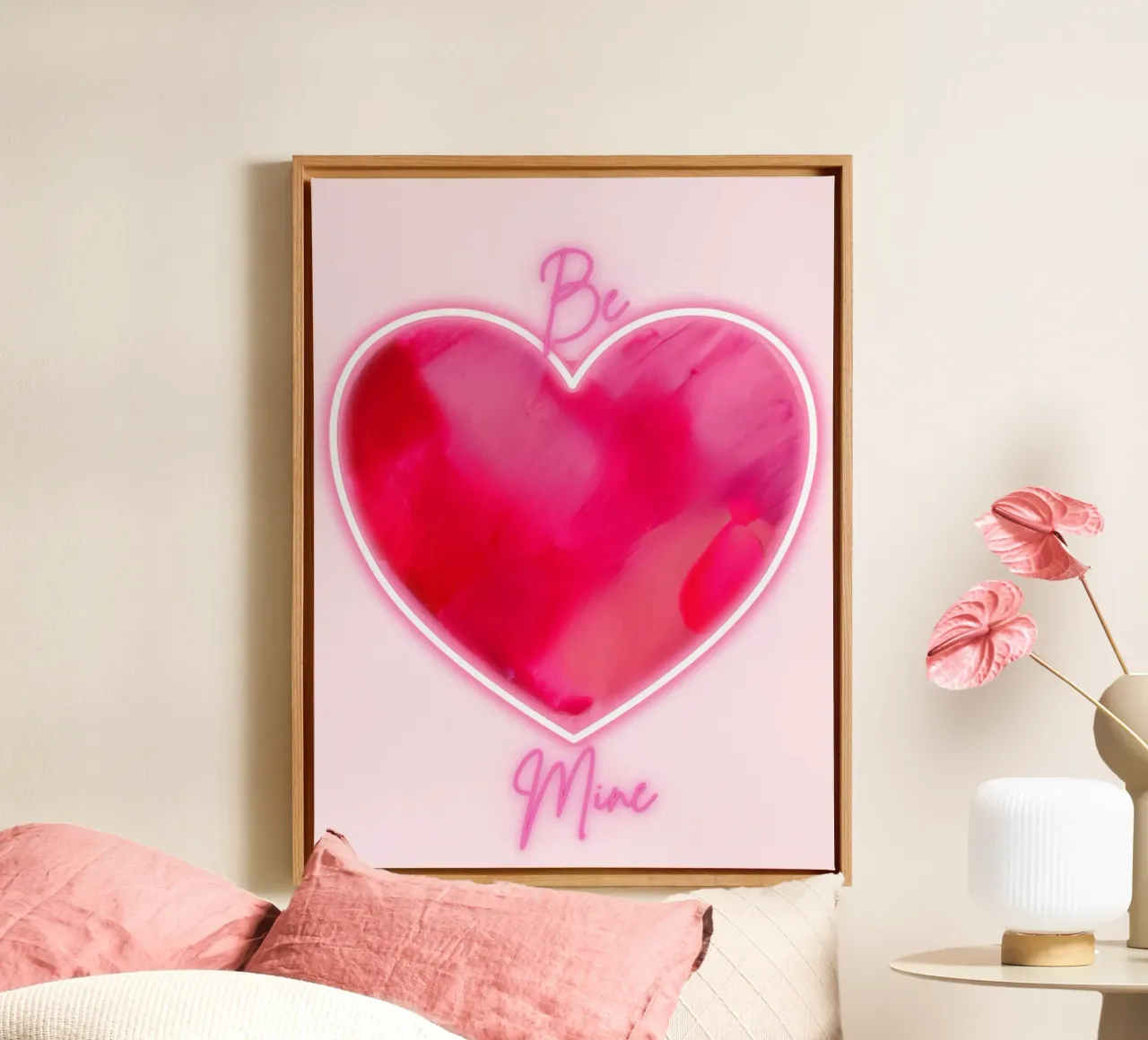 Cuore dipinto rosa multiplo "Be Mine" con bordo fluorescente tela con Cornice a cassetta da FABOArt