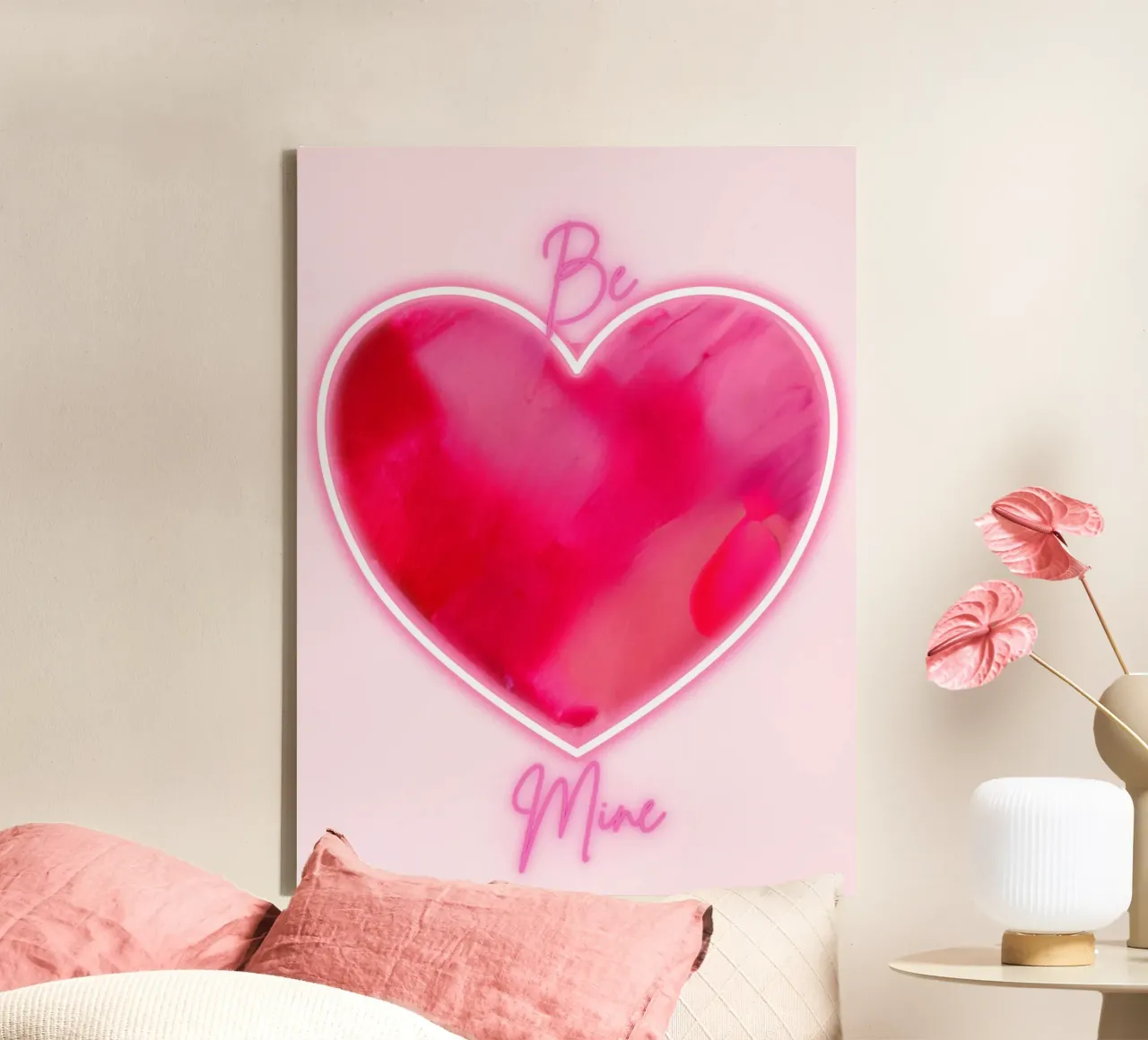 Cuore dipinto rosa multiplo "Be Mine" con bordo fluorescente tela con Cornice a cassetta da FABOArt