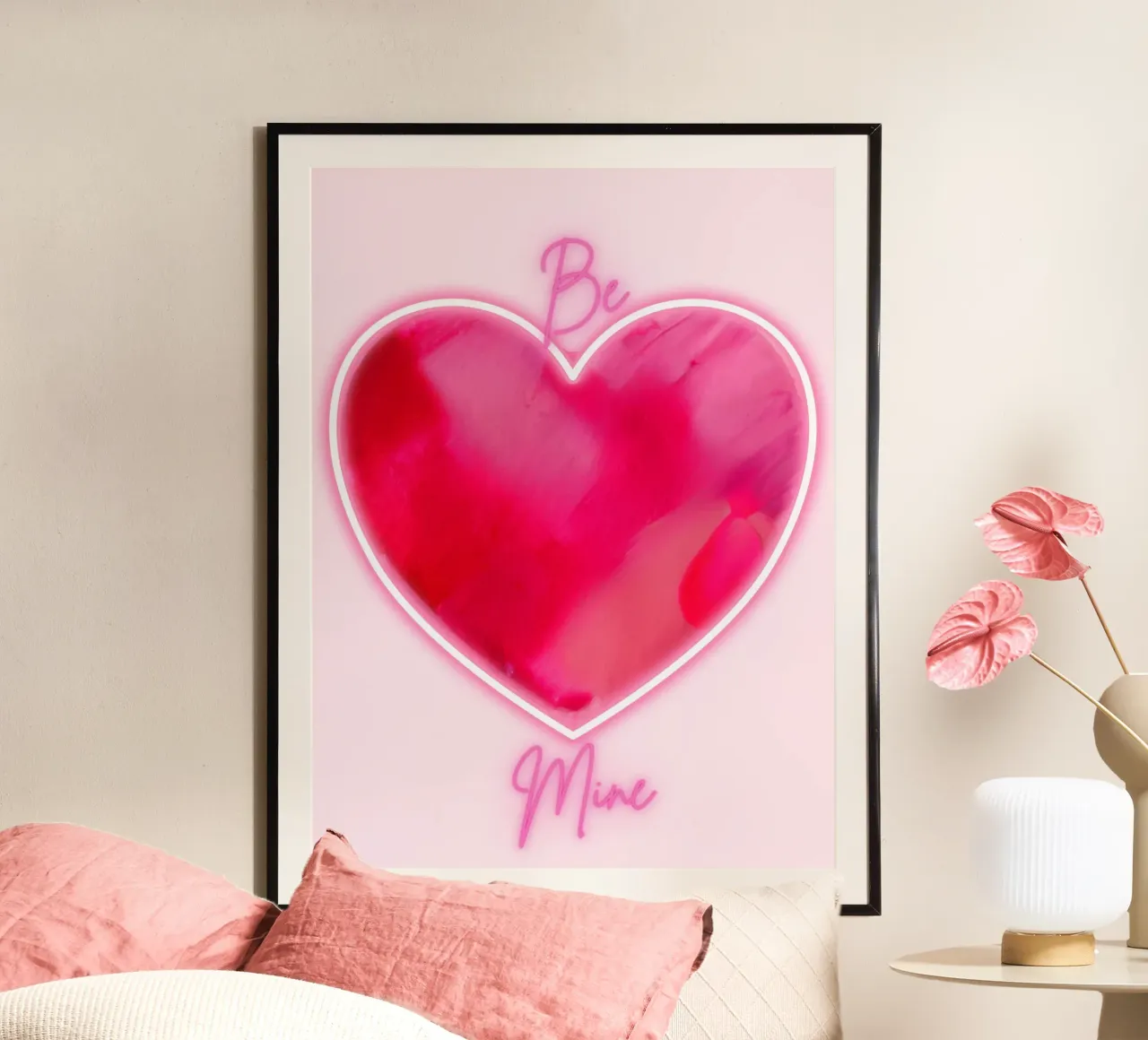 "Be Mine" MultiPink Painted Heart with Fluorescent Border poster by FABOArt