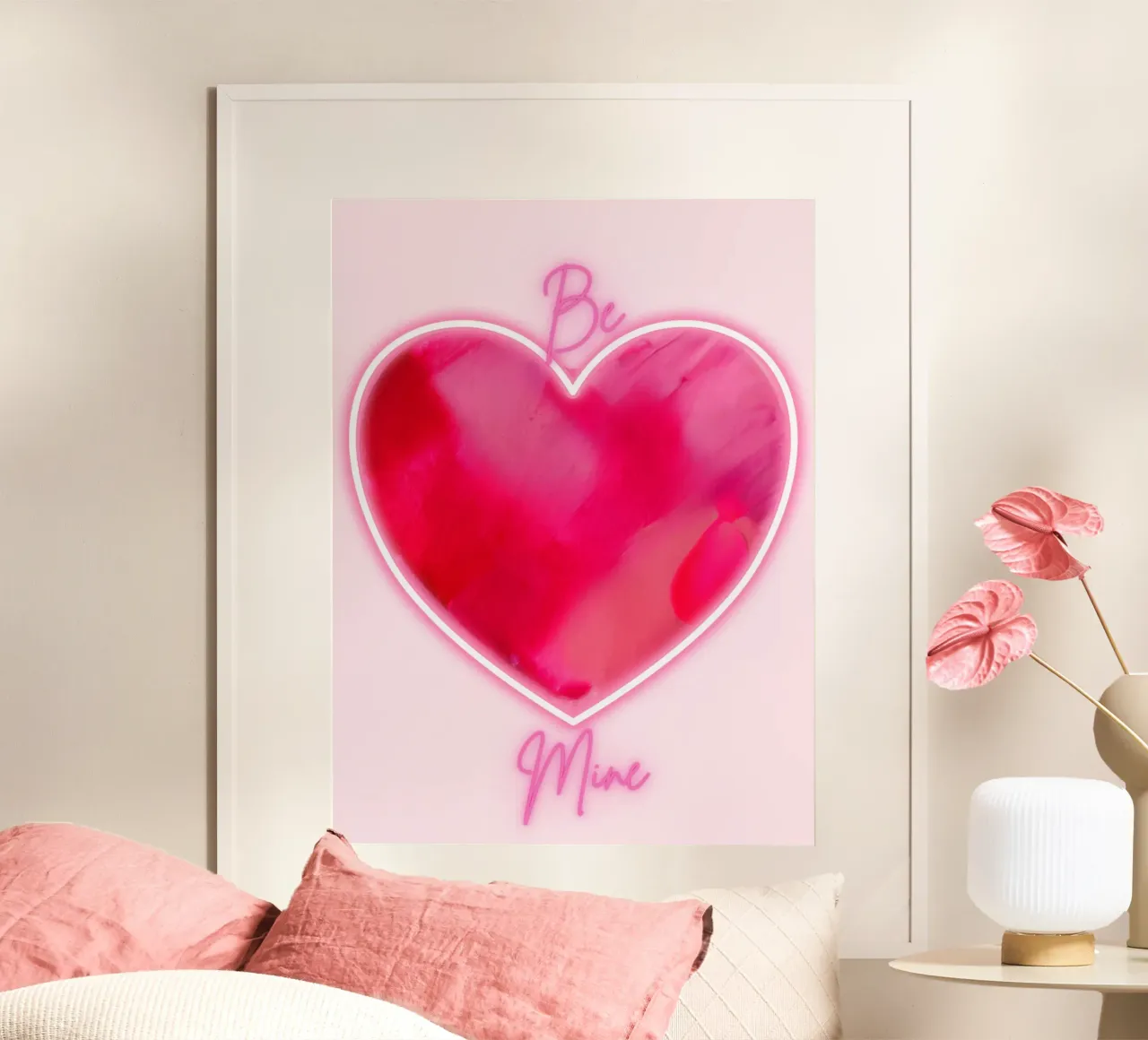 "Be Mine" MultiPink Painted Heart with Fluorescent Border poster by FABOArt