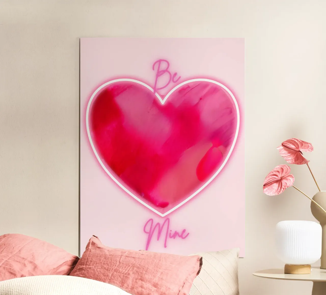 "Be Mine" MultiPink Painted Heart with Fluorescent Border poster by FABOArt