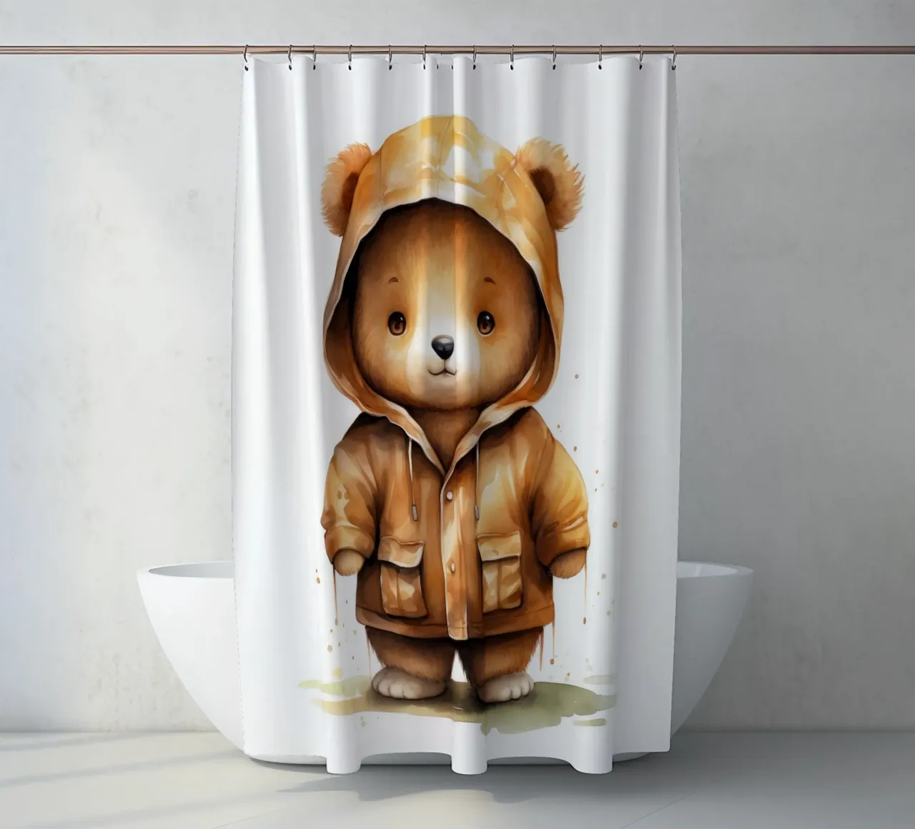 Watercolor Cartoon Brown Bear in a Hoodie shower curtain by Animal Portraits