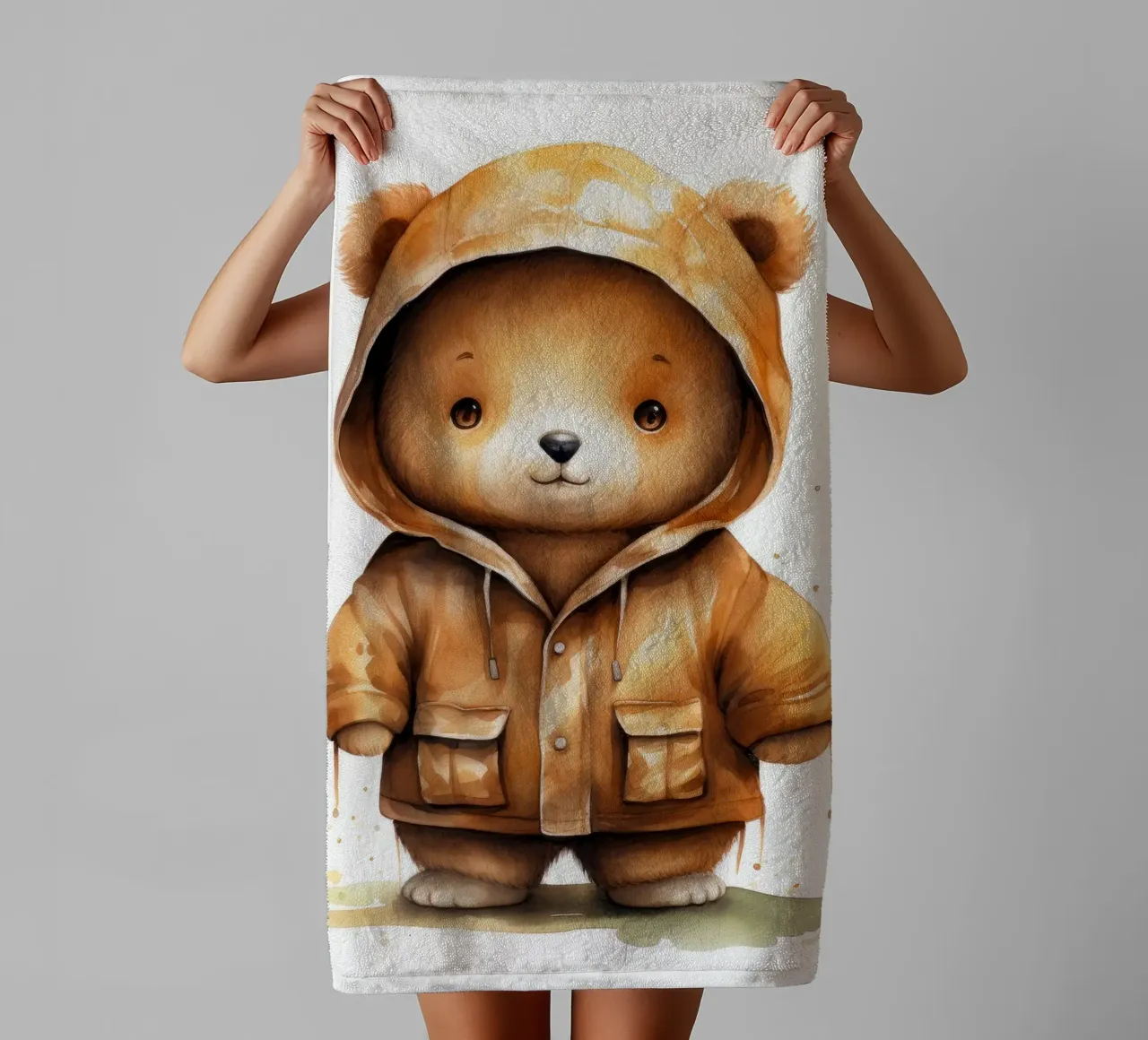 Cartone animato acquerellato Orso marrone con felpa con cappuccio asciugamano da bagno da Animal Portraits
