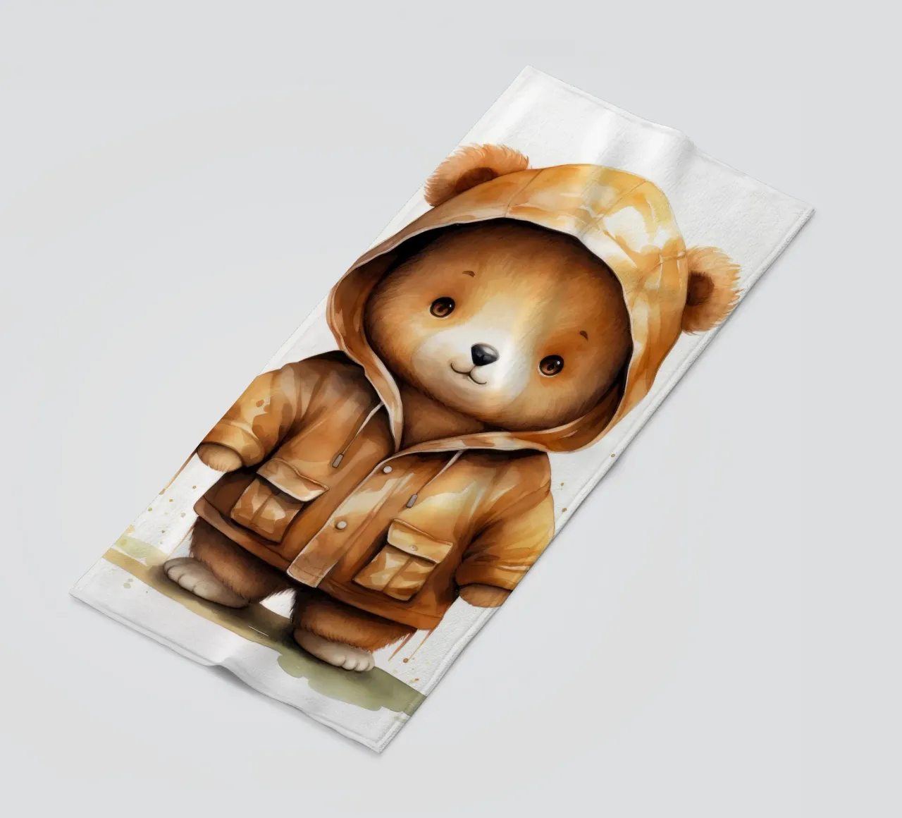 Cartone animato acquerellato Orso marrone con felpa con cappuccio telo mare da Animal Portraits