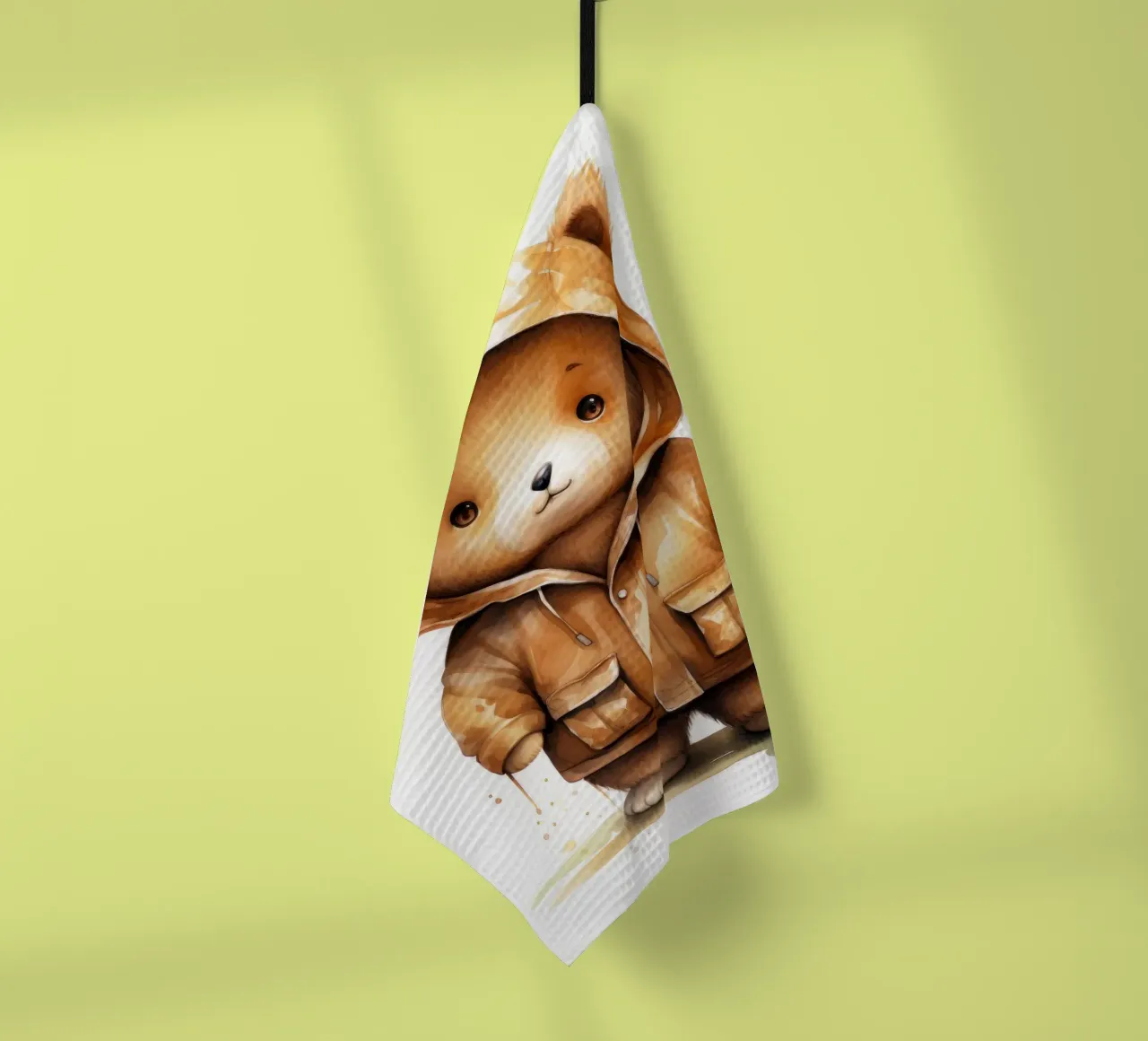 Cartone animato acquerellato Orso marrone con felpa con cappuccio canovaccio da cucina da Animal Portraits