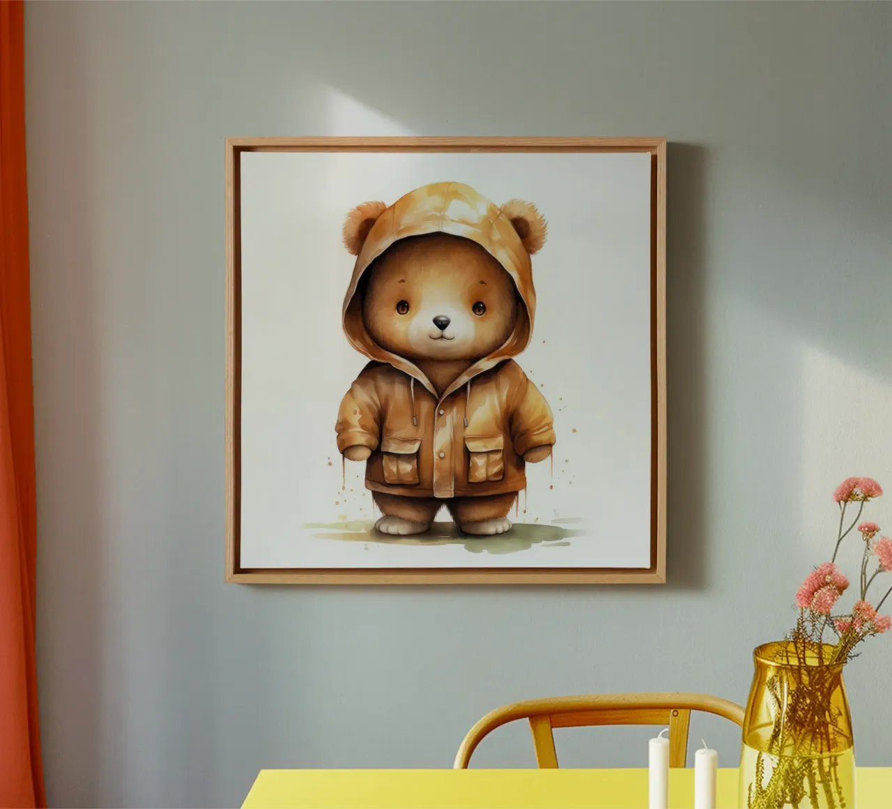 Cartone animato acquerellato Orso marrone con felpa con cappuccio tela con Cornice a cassetta da Animal Portraits
