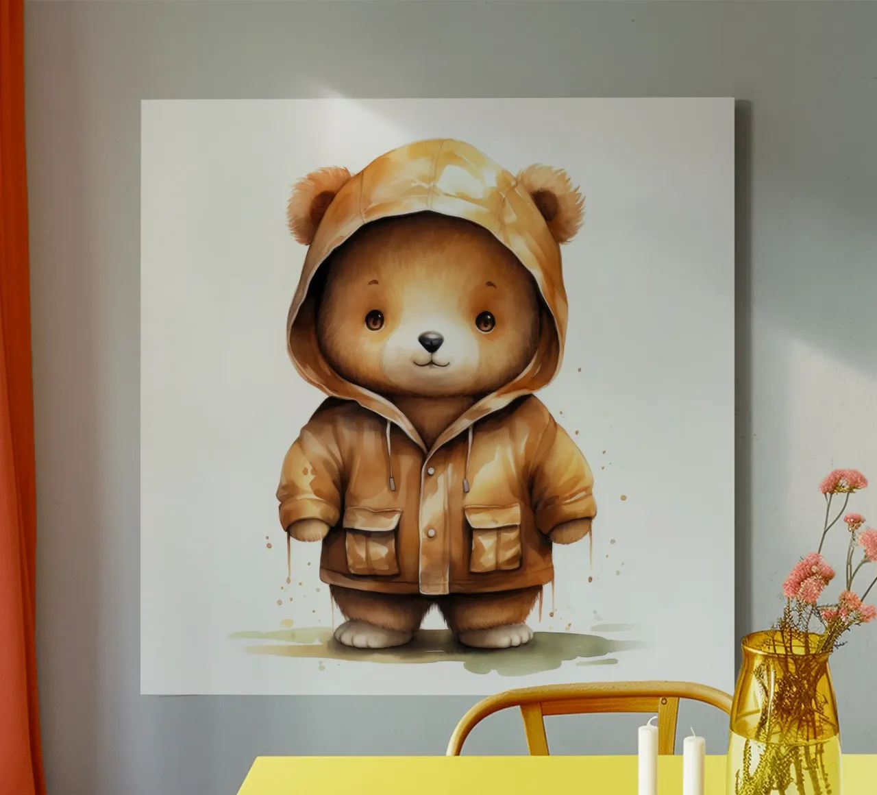 Cartone animato acquerellato Orso marrone con felpa con cappuccio tela con Cornice a cassetta da Animal Portraits