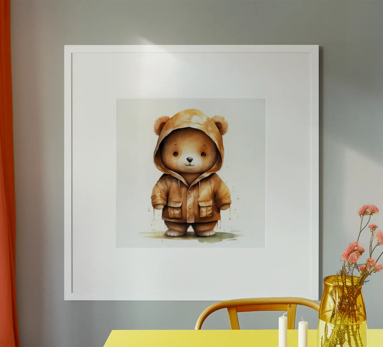 Cartone animato acquerellato Orso marrone con felpa con cappuccio poster con telaio in alluminio da Animal Portraits