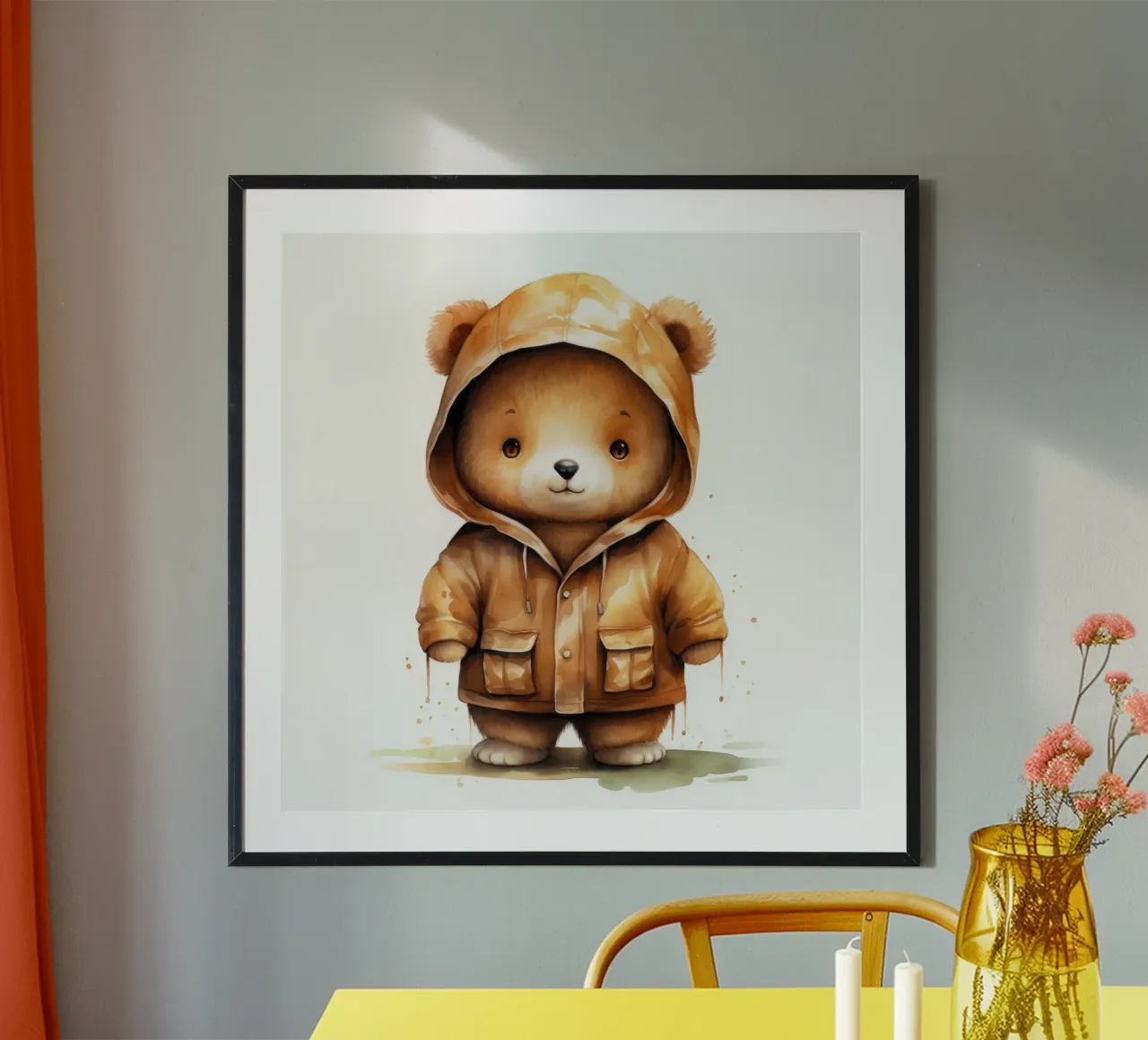 Cartone animato acquerellato Orso marrone con felpa con cappuccio poster con telaio in alluminio da Animal Portraits