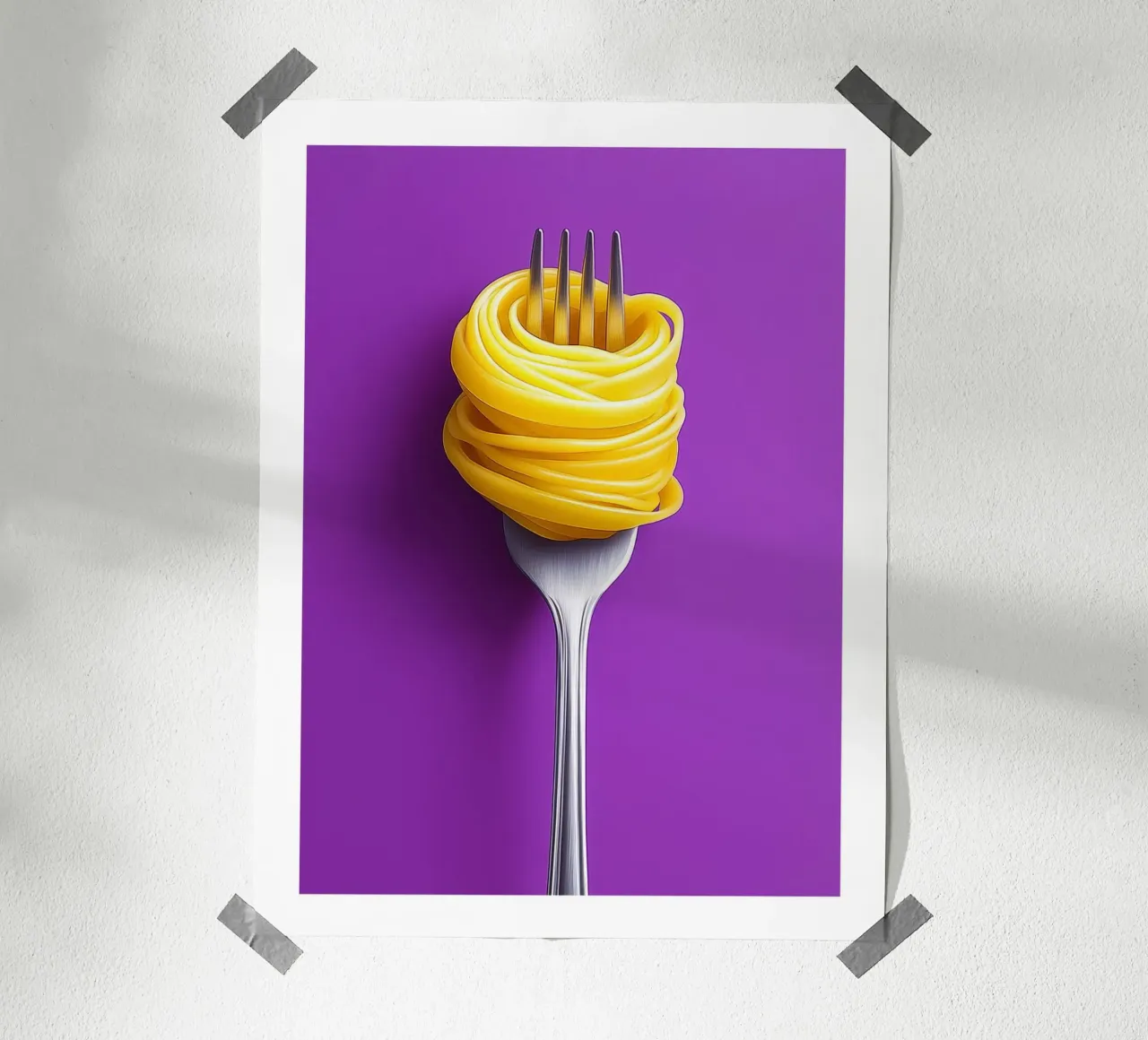 Fork and spaghetti on purple background poster by Spice & Style