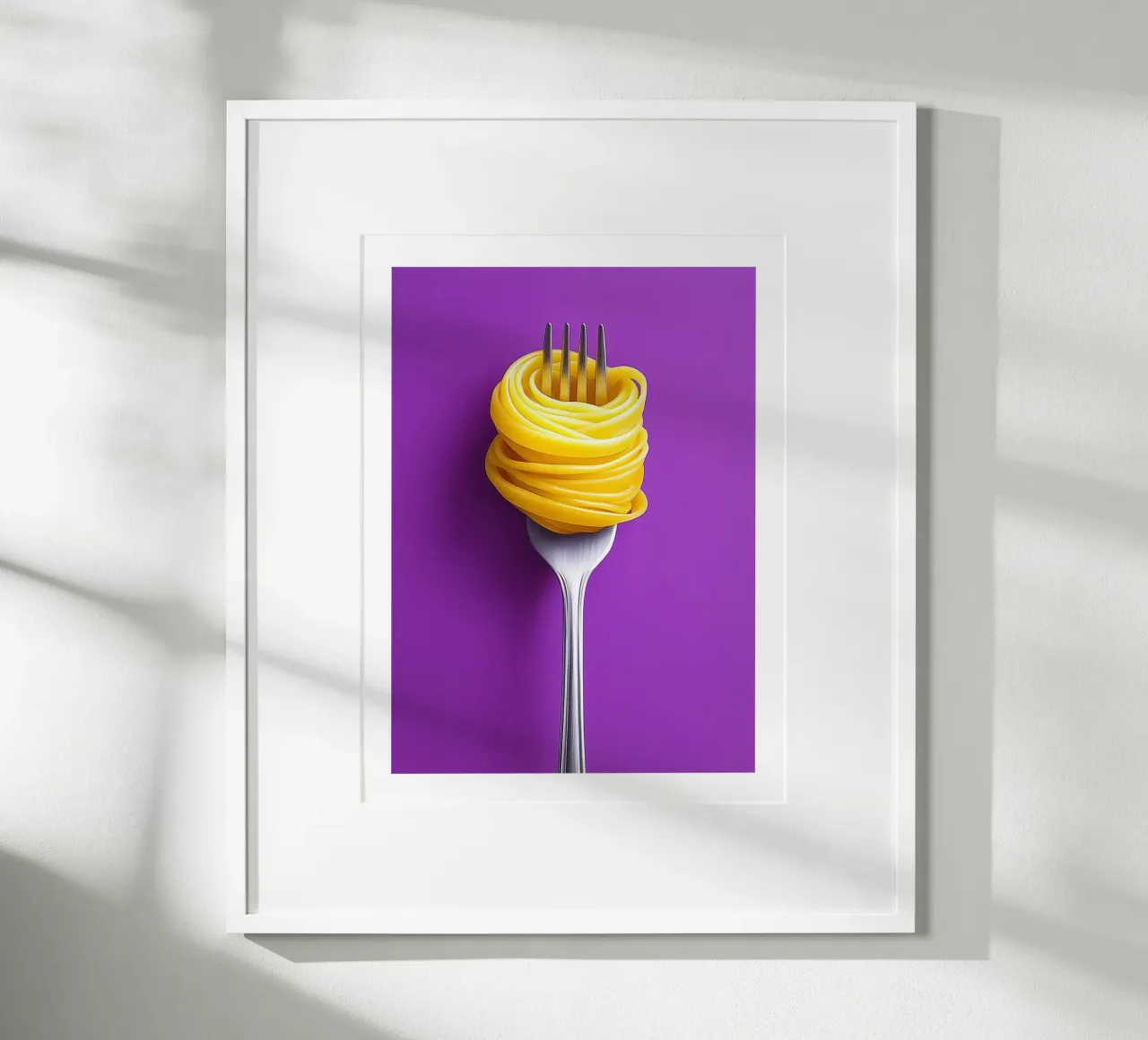 Fork and spaghetti on purple background poster by Spice & Style