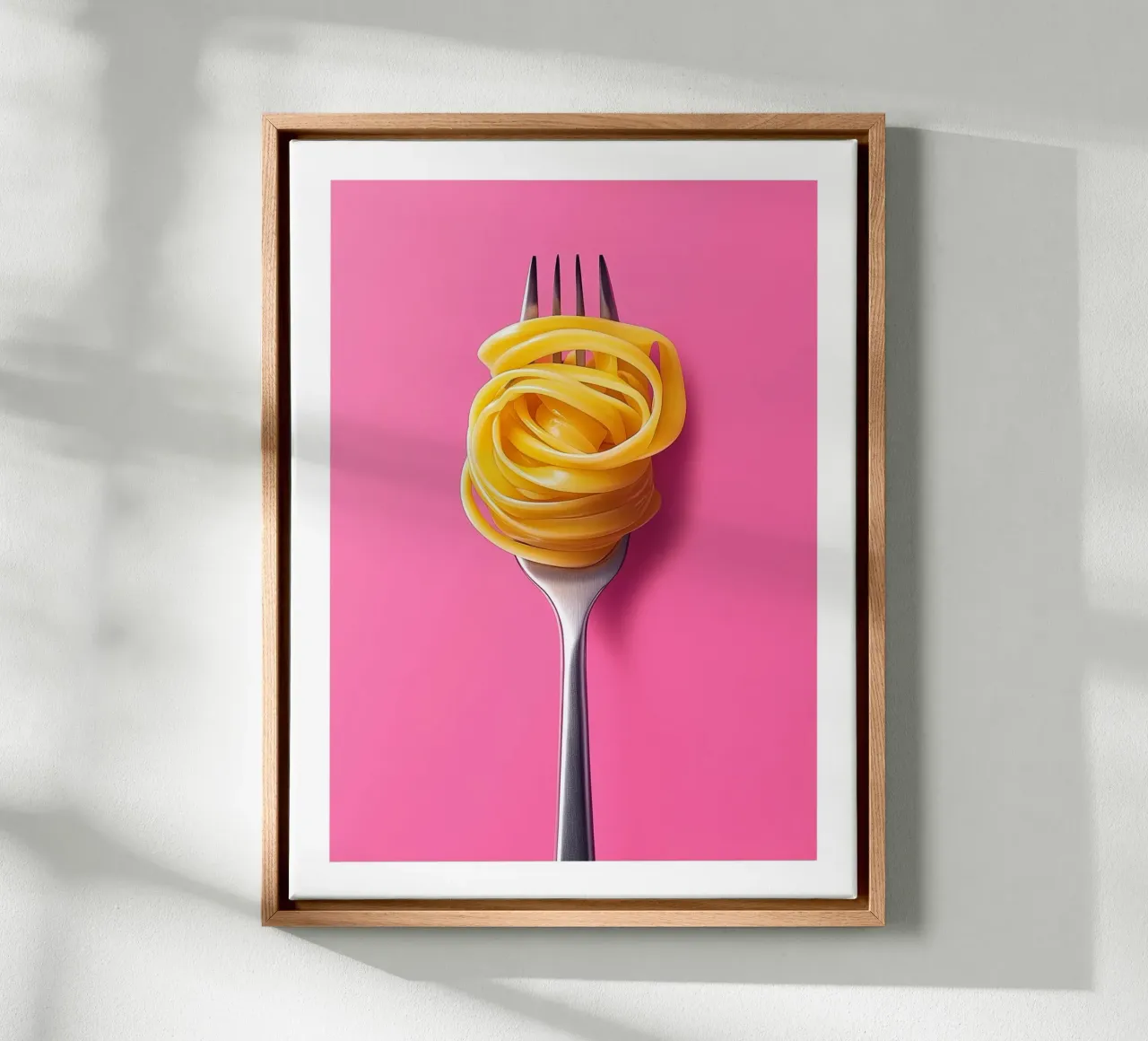 Fork and spaghetti on a pink background canvas with Floater frame by Spice & Style