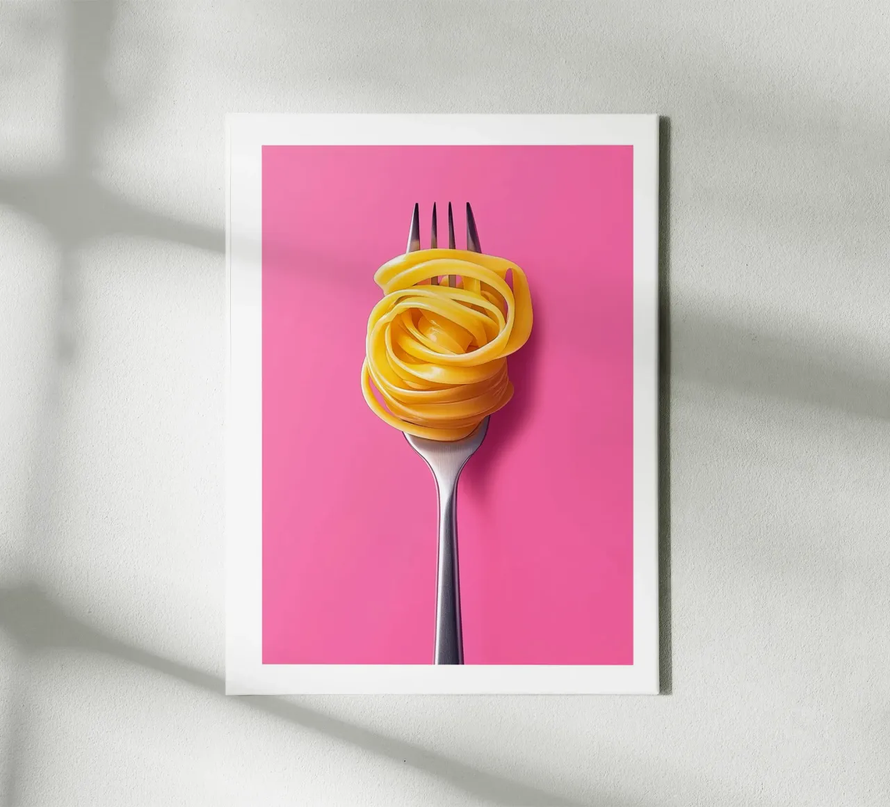 Fork and spaghetti on a pink background canvas with Floater frame by Spice & Style