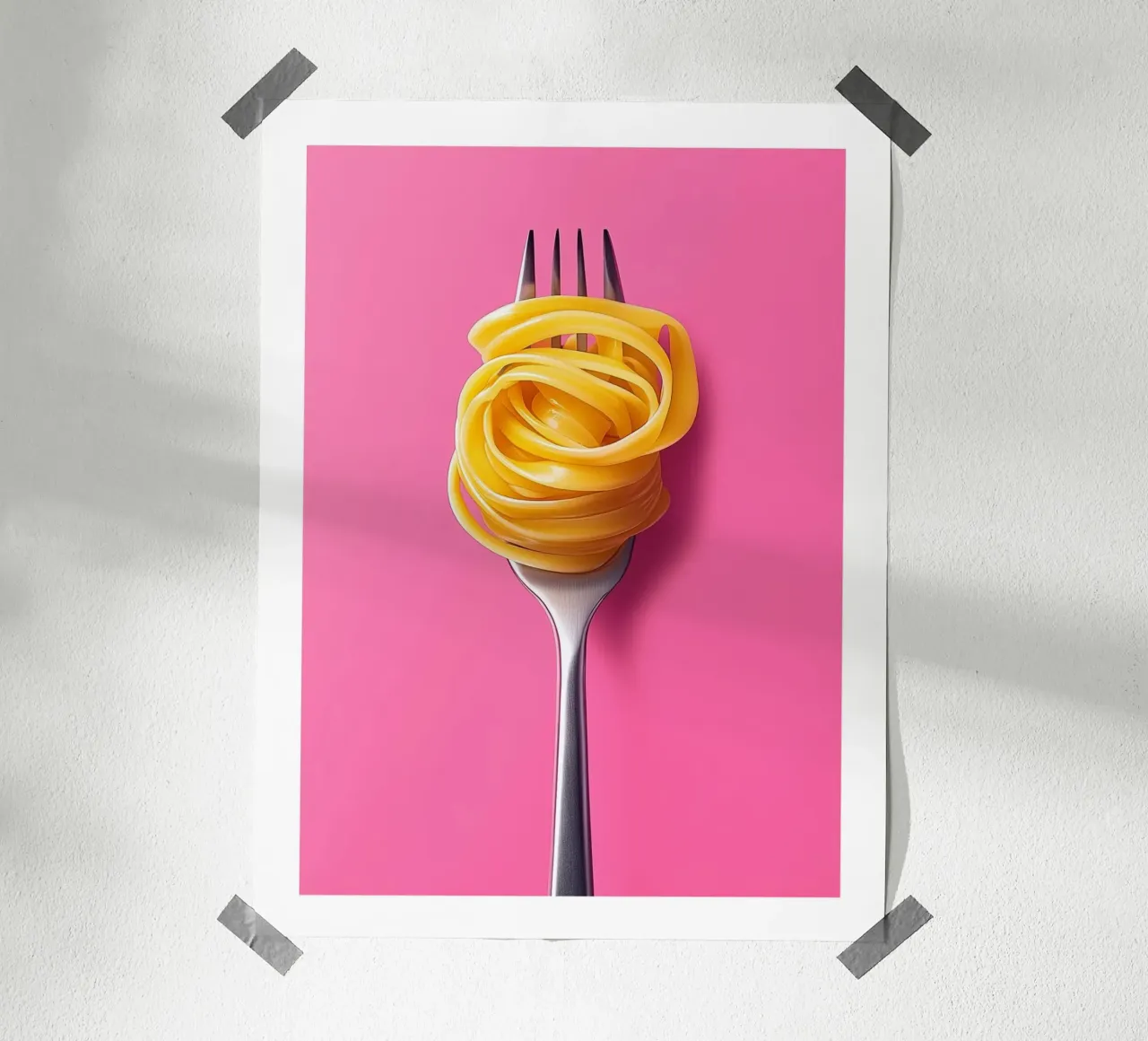 Fork and spaghetti on a pink background poster by Spice & Style
