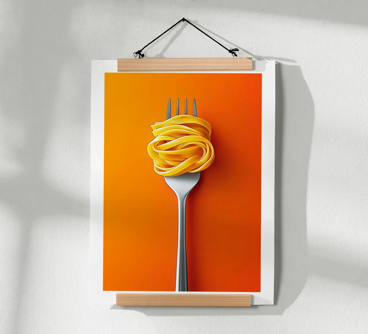 Forchetta e tagliatelle su sfondo arancione poster con telaio in plastica da Spice & Style