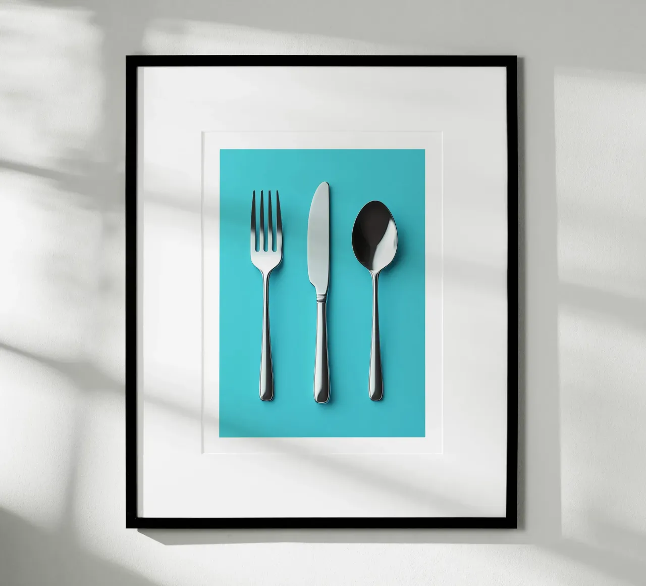 Besteck auf blauem Hintergrund Poster mit Holzrahmen von Spice & Style