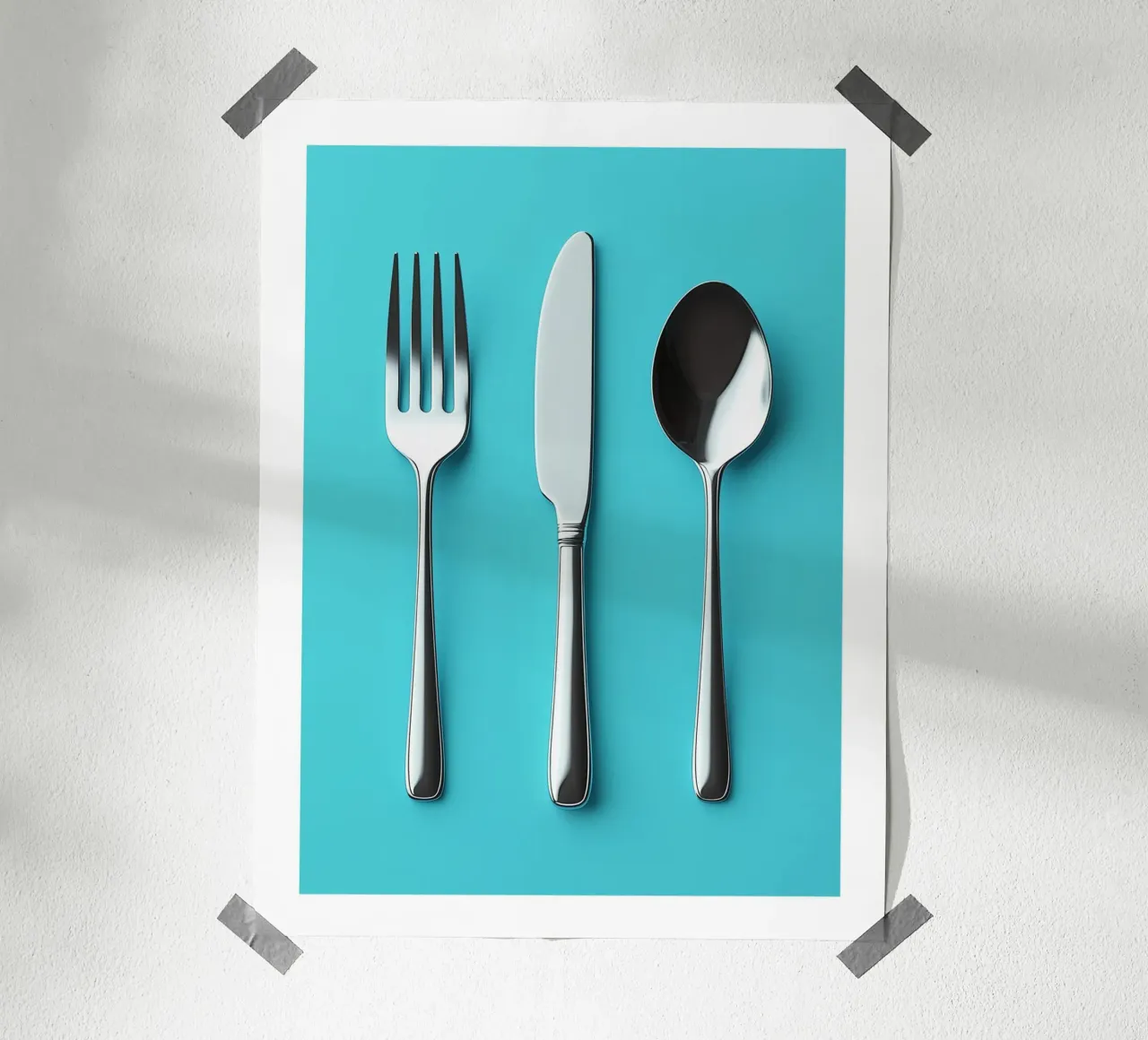 Besteck auf blauem Hintergrund Poster mit Holzrahmen von Spice & Style
