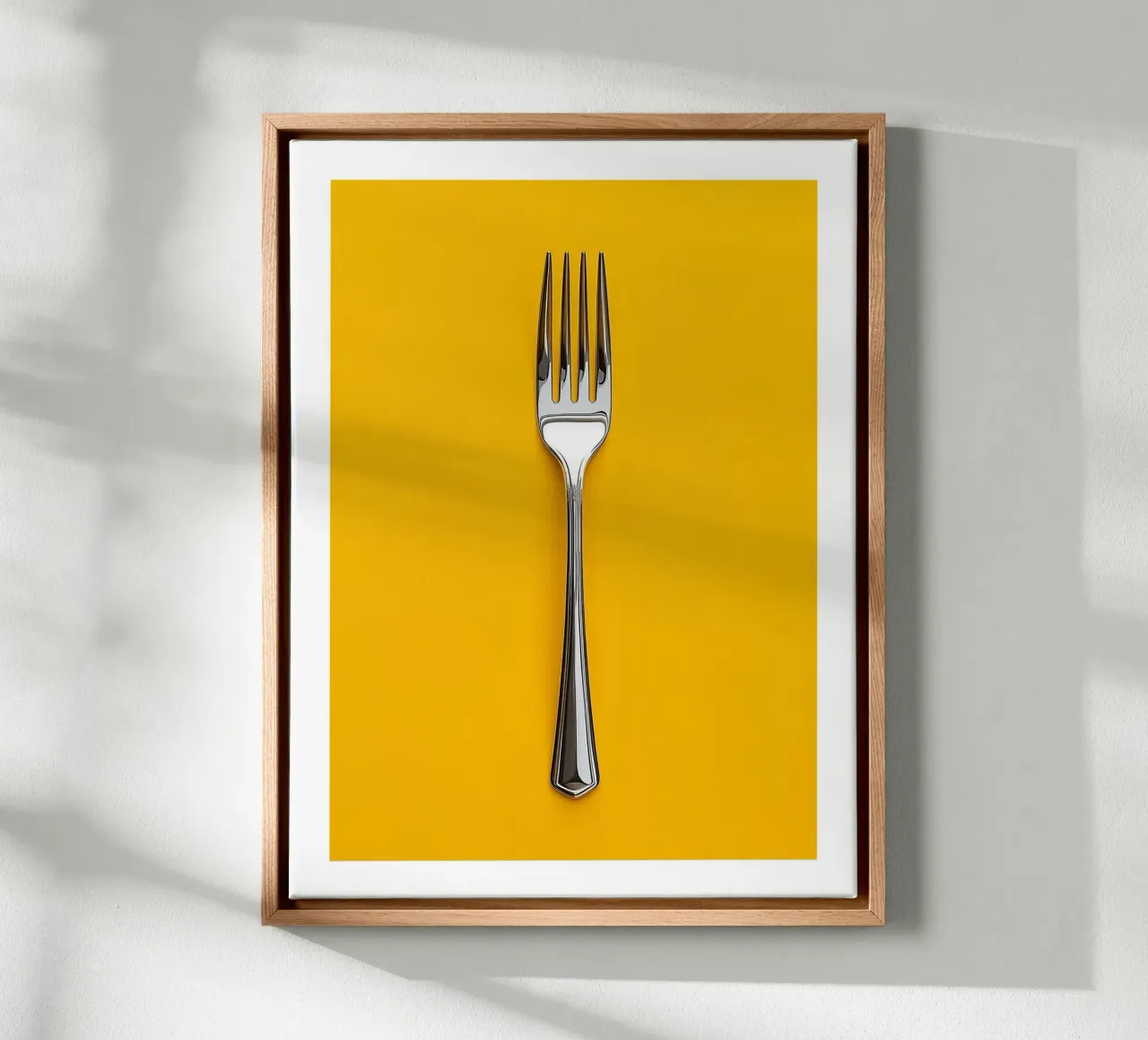 Fork on yellow background canvas with Floater frame by Spice & Style