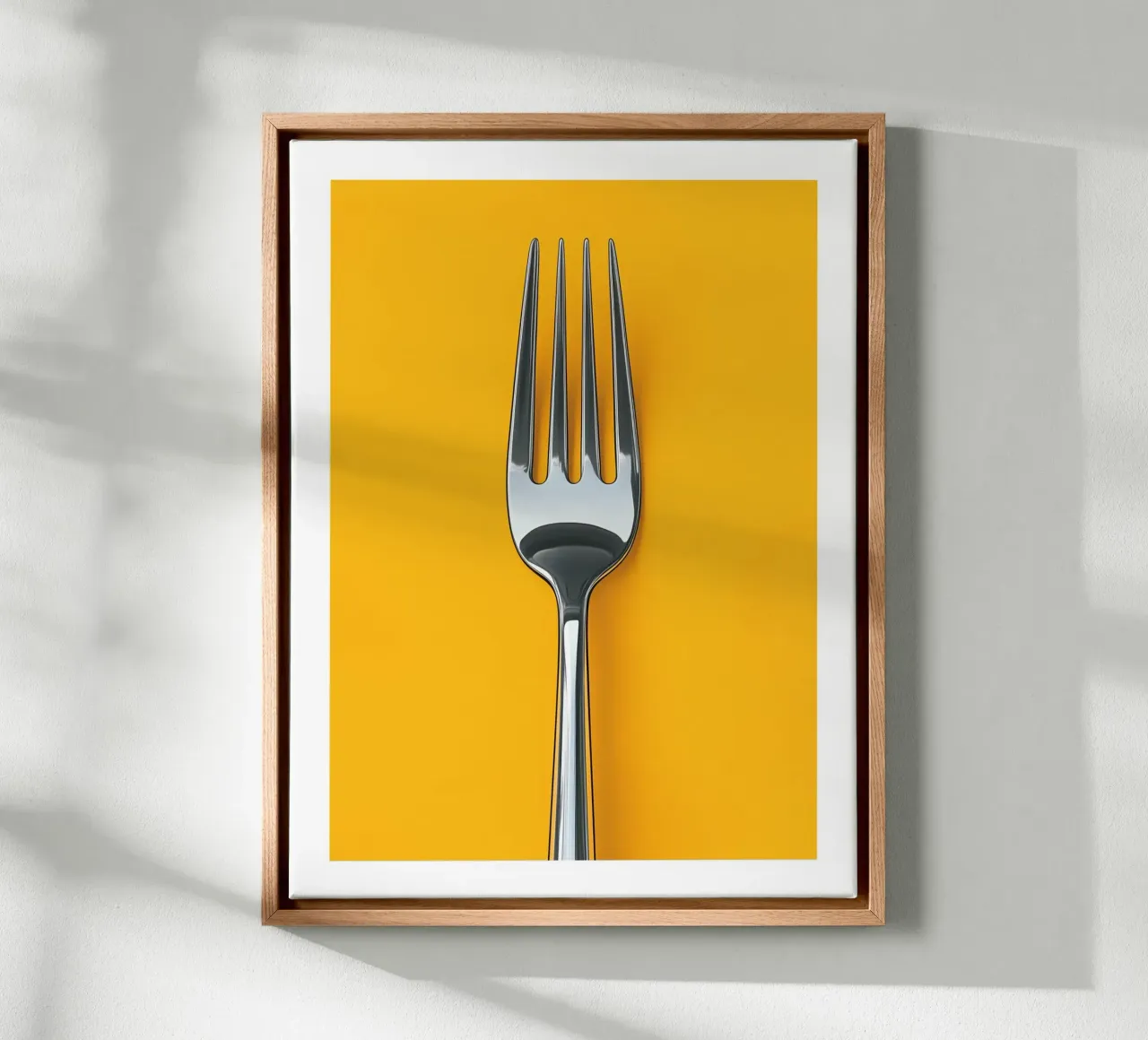 Fork on yellow background canvas with Floater frame by Spice & Style