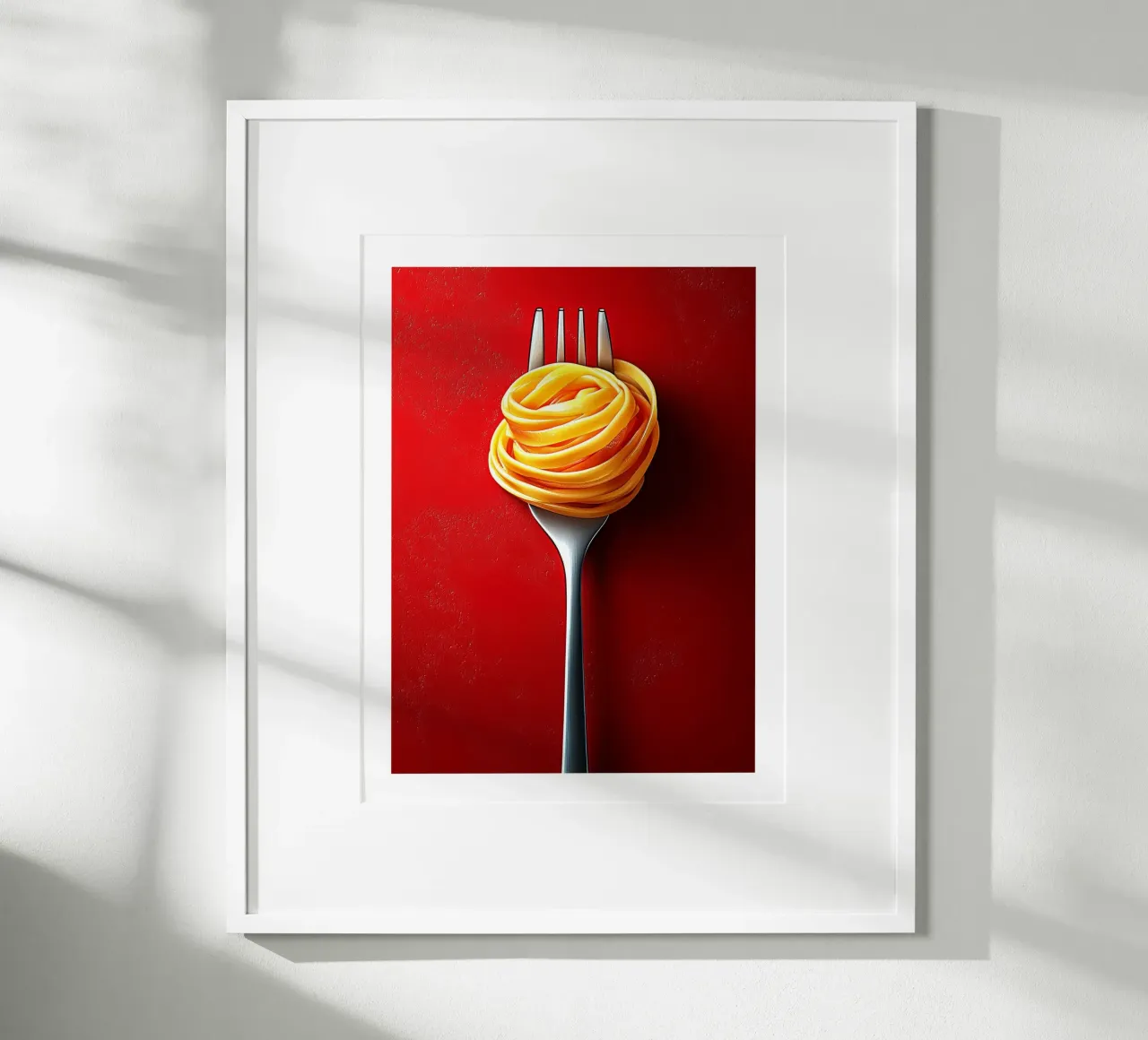 Forchetta e tagliatelle su sfondo rosso poster con telaio in plastica da Spice & Style