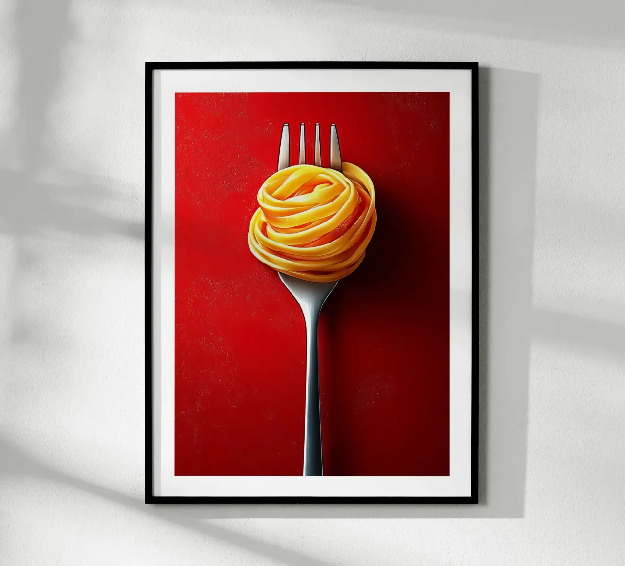Forchetta e tagliatelle su sfondo rosso poster con telaio in plastica da Spice & Style