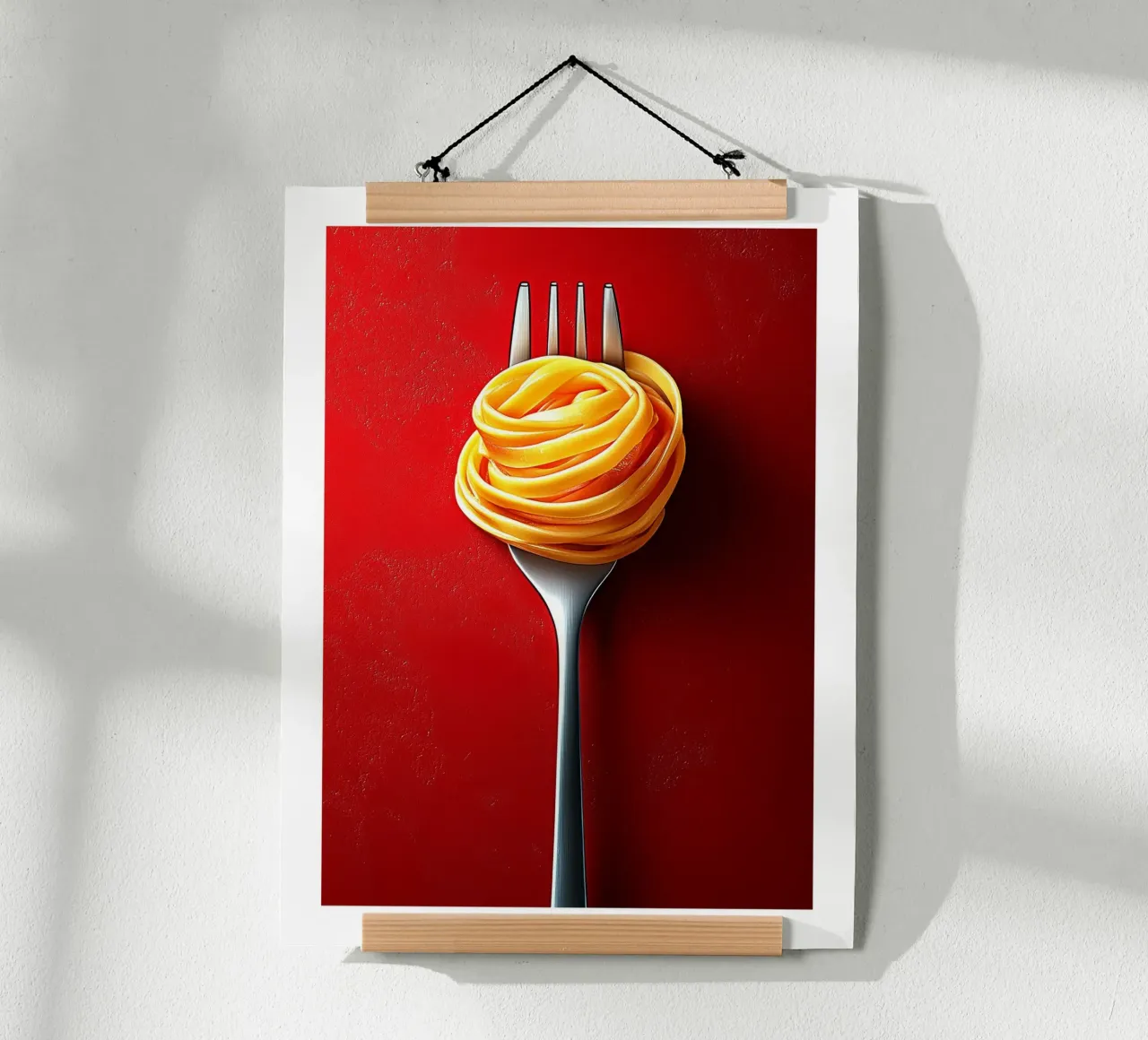 Forchetta e tagliatelle su sfondo rosso poster con telaio in plastica da Spice & Style