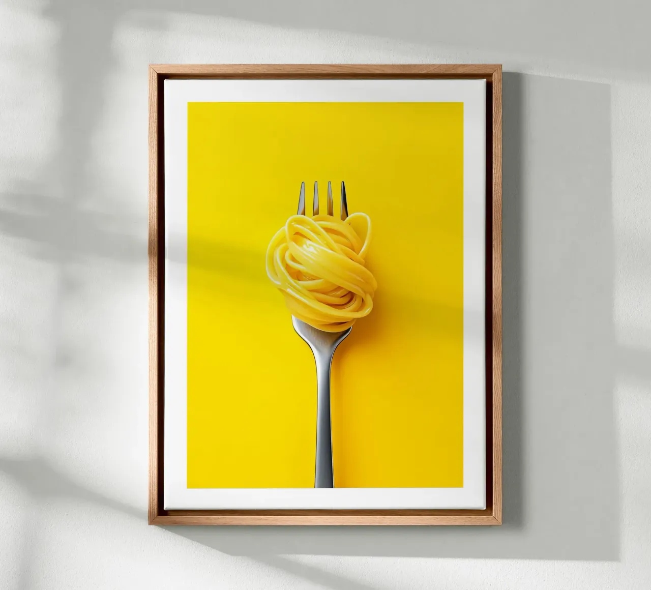 Fork and spaghetti on a yellow background canvas with Floater frame by Spice & Style