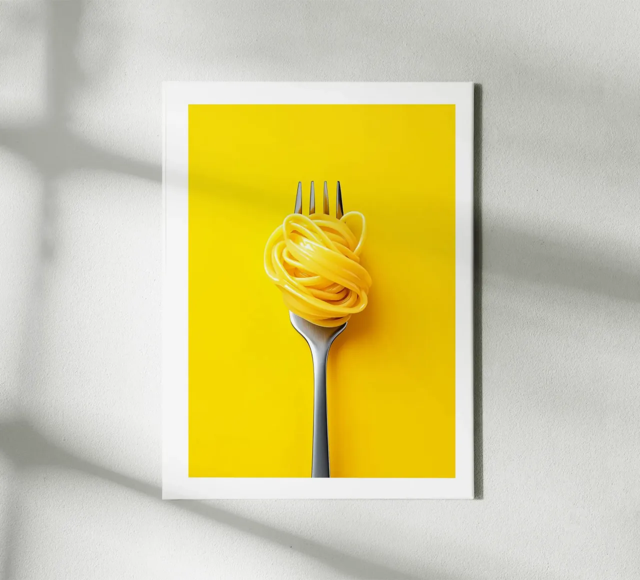 Fork and spaghetti on a yellow background canvas with Floater frame by Spice & Style