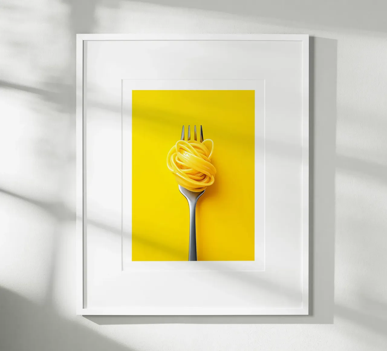 Fork and spaghetti on a yellow background poster by Spice & Style