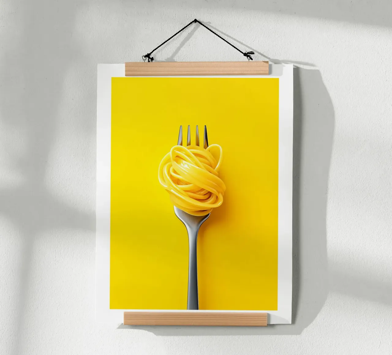 Fork and spaghetti on a yellow background poster by Spice & Style