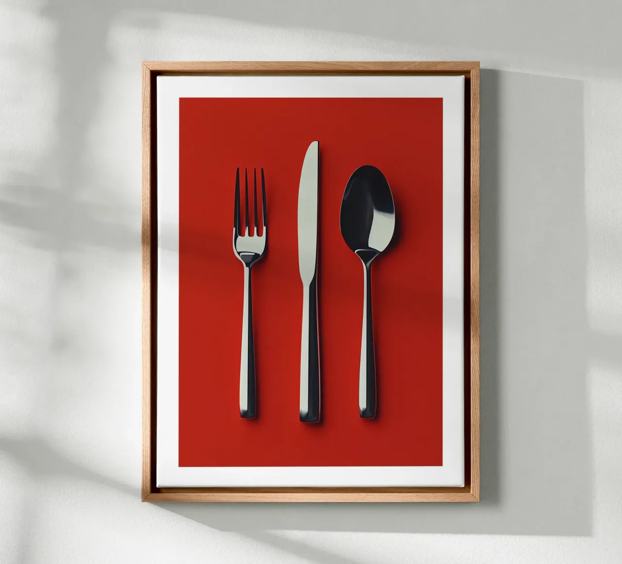 Modern cutlery on a red background canvas with Floater frame by Spice & Style