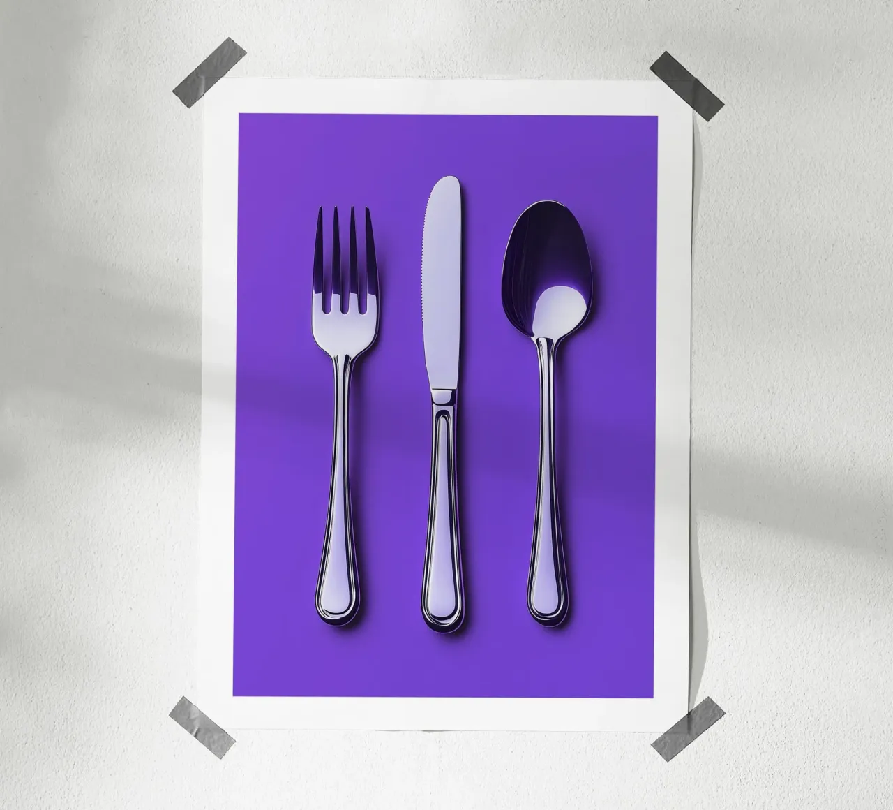 Besteck auf violettem Hintergrund Poster mit Holzrahmen von Spice & Style
