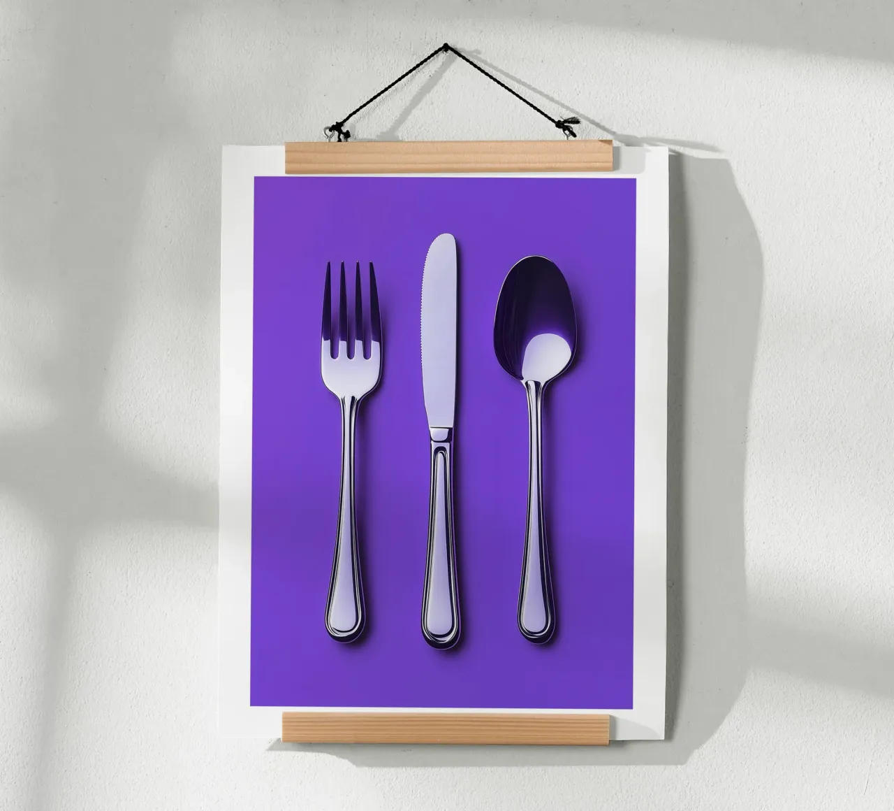 Besteck auf violettem Hintergrund Poster mit Holzrahmen von Spice & Style